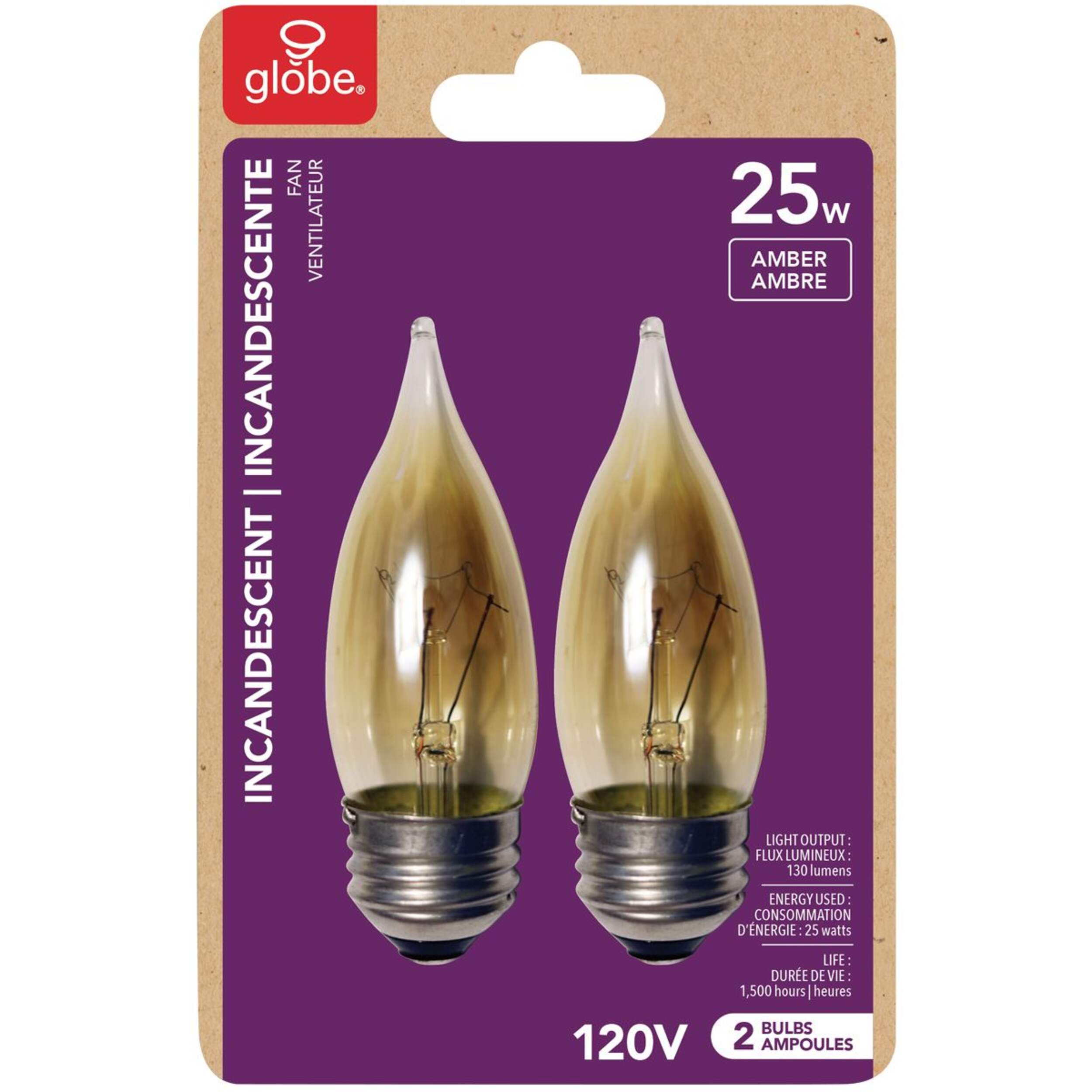 Globe E26 Base Flame Tip Incandescent Light Bulb, Amber, 25W Front_Flat