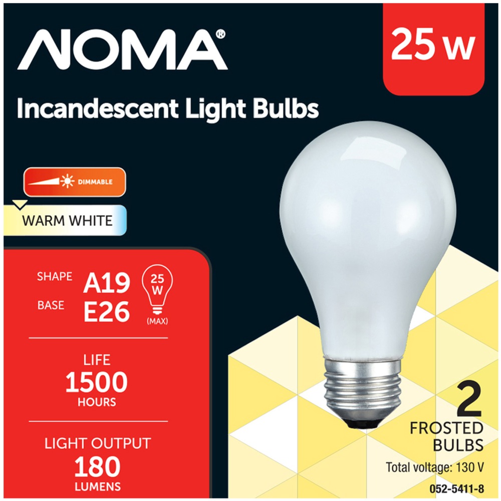 NOMA A19 E26 Base Lamp Frosted Dimmable Incandescent Light Bulbs, Warm White, 25W, 2pk