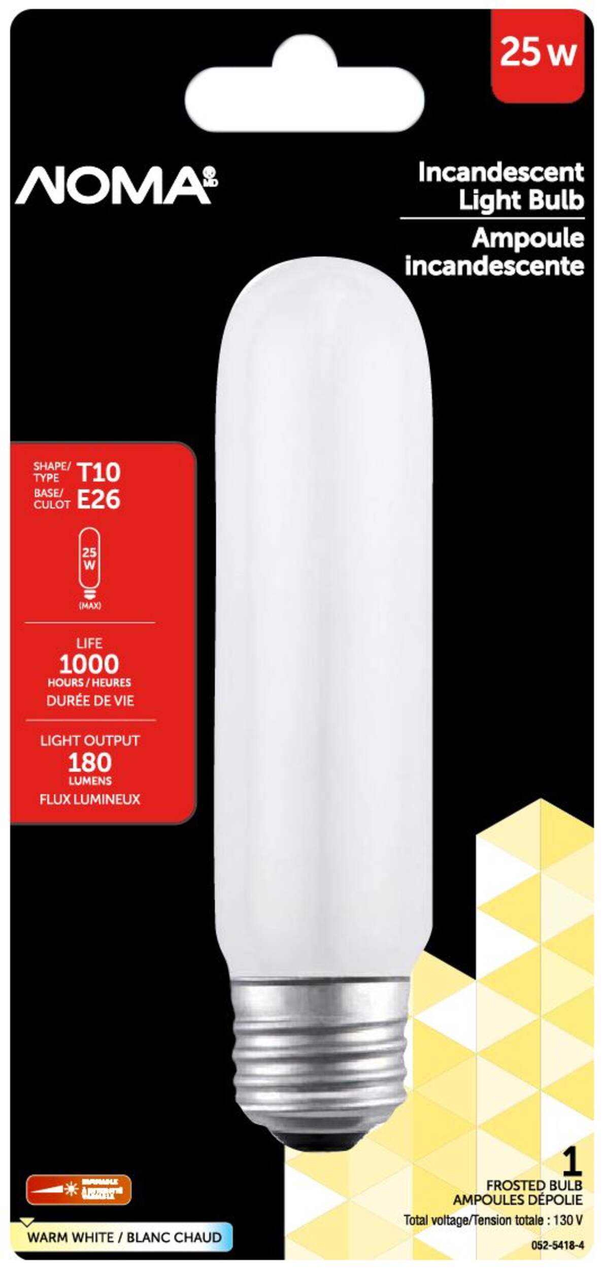 NOMA T10 E26 Base Frosted Dimmable Incandescent Light Bulb, 180 Lumens, Warm White, 25W Front_Flat