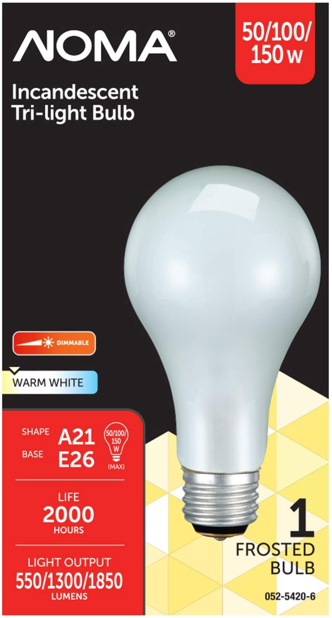 NOMA A21 E26 Base 3-Way Trilight, Dimmable Incandescent Light Bulb, Warm White, 50/150/150W Front_Flat