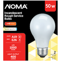 NOMA A19 E26 Base Dimmable Incandescent Light Bulbs, 400 Lumens, Warm White, 50W, 2-pk Front_Flat