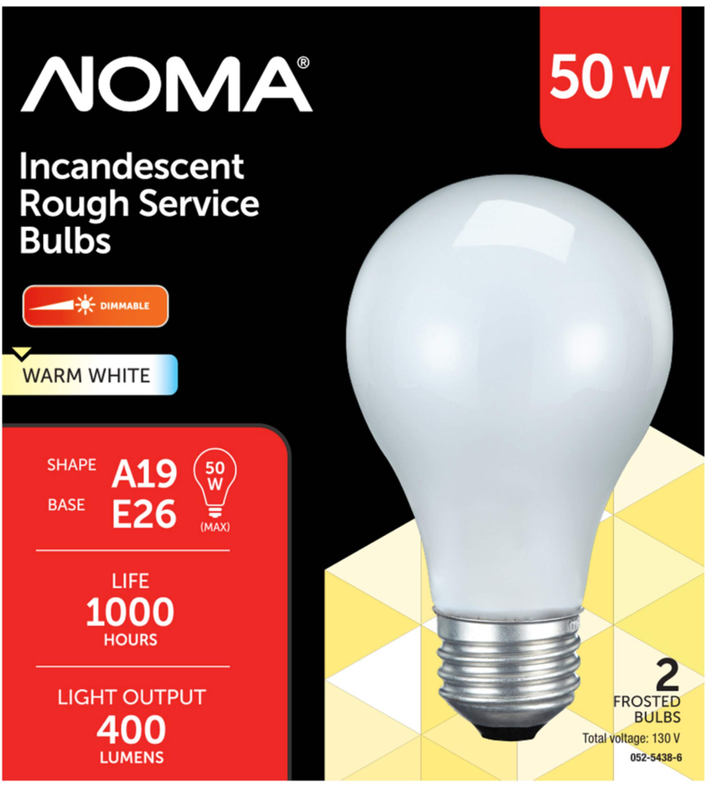 NOMA A19 E26 Base Dimmable Incandescent Light Bulbs, 400 Lumens, Warm White, 50W, 2-pk Front_Flat