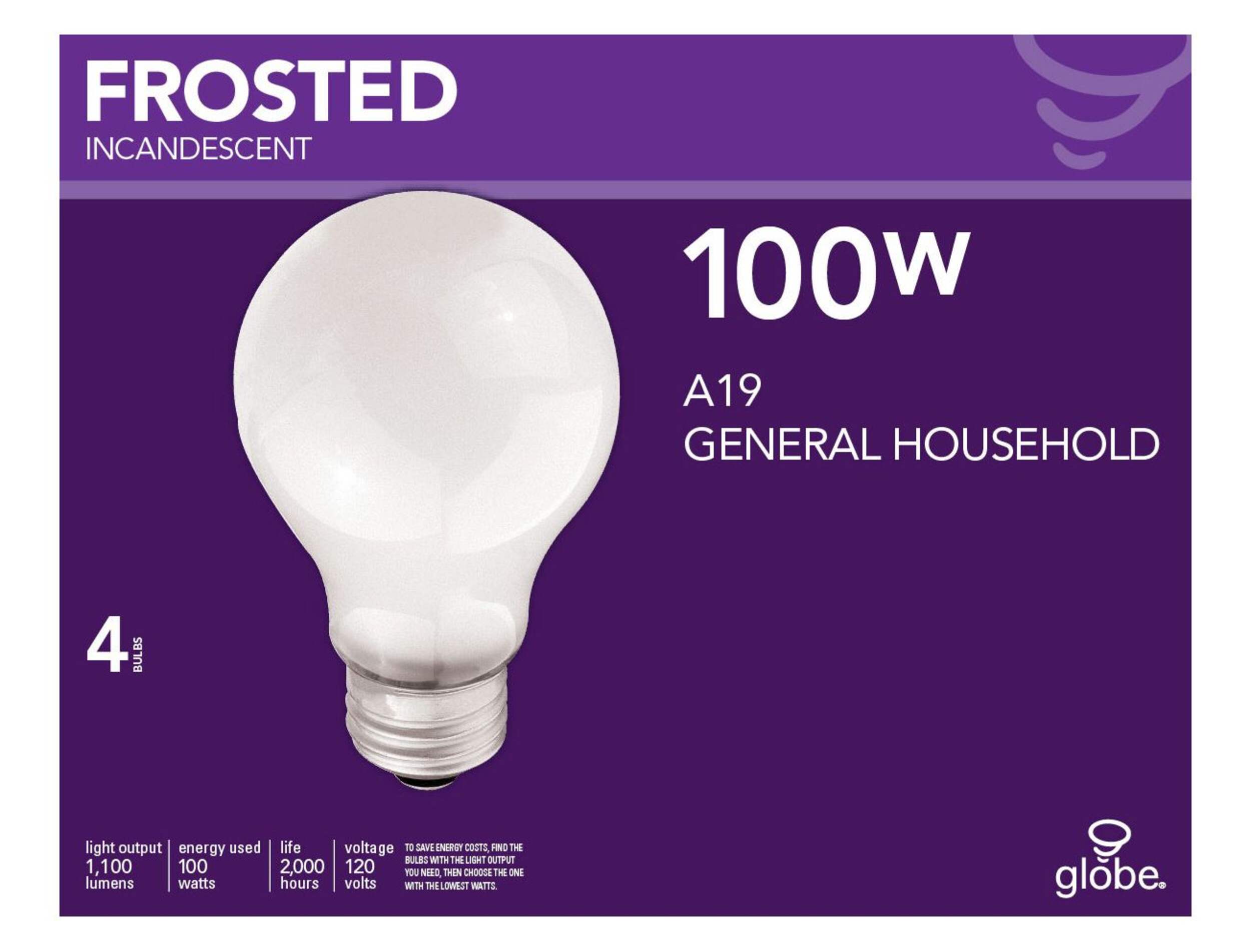 Globe Frosted Incandescent 100W Bulb, 4-pk Front_Flat