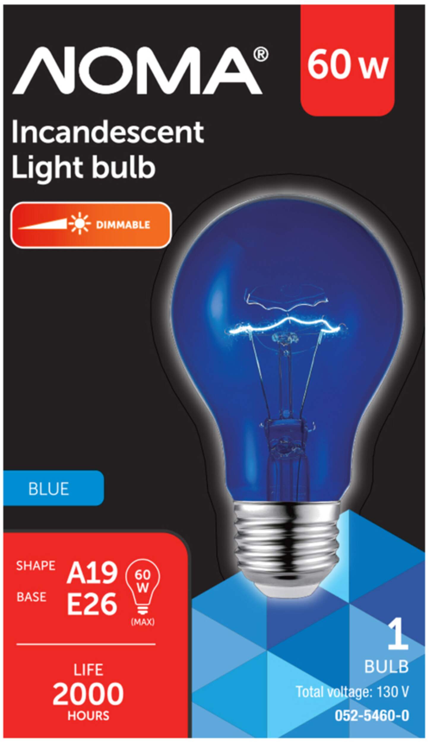 NOMA A19 E26 Base Dimmable Incandescent Light Bulb, Transparent Blue, 60W Front_Flat