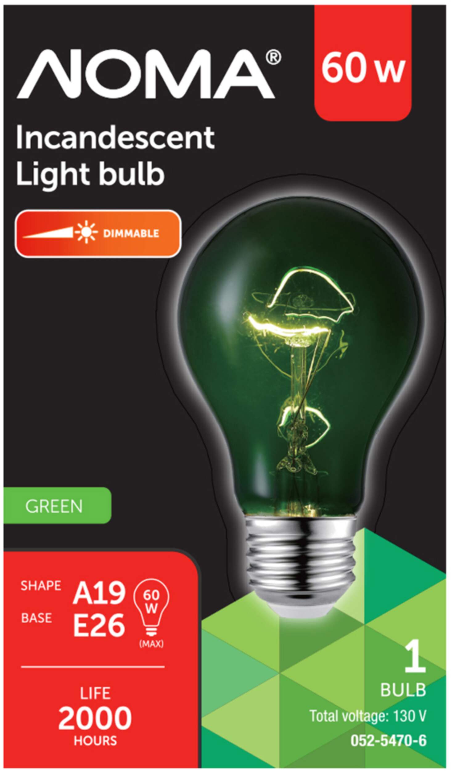 NOMA A19 E26 Base Dimmable Incandescent Light Bulb, Transparent Green, 60W Front_Flat