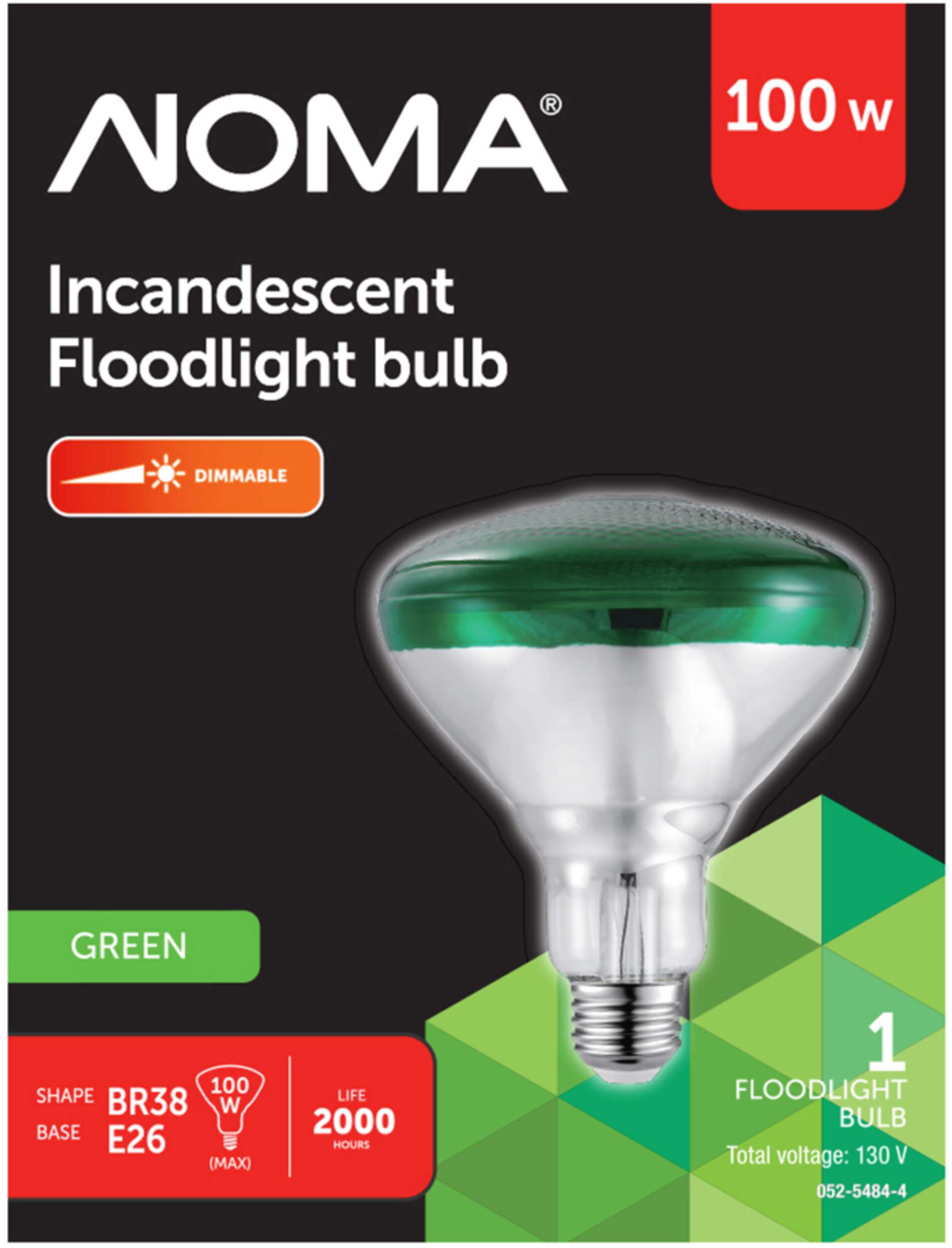 NOMA BR38 E26 Base Dimmable Incandescent Flood Light Bulb, Green, 100W Front_Flat