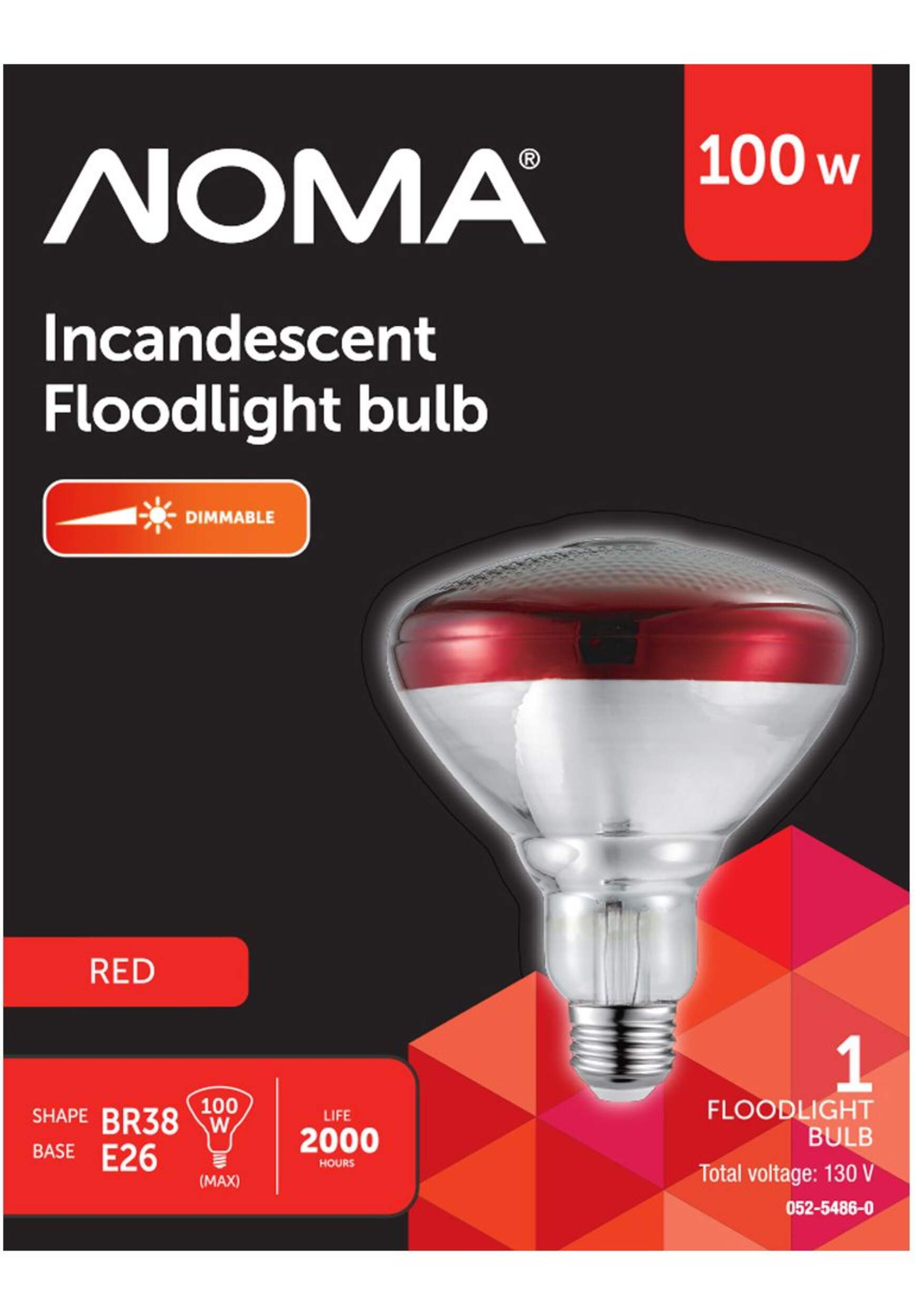 NOMA BR38 E26 Base Dimmable Incandescent Flood Light Bulb, Red, 100W Front_Flat