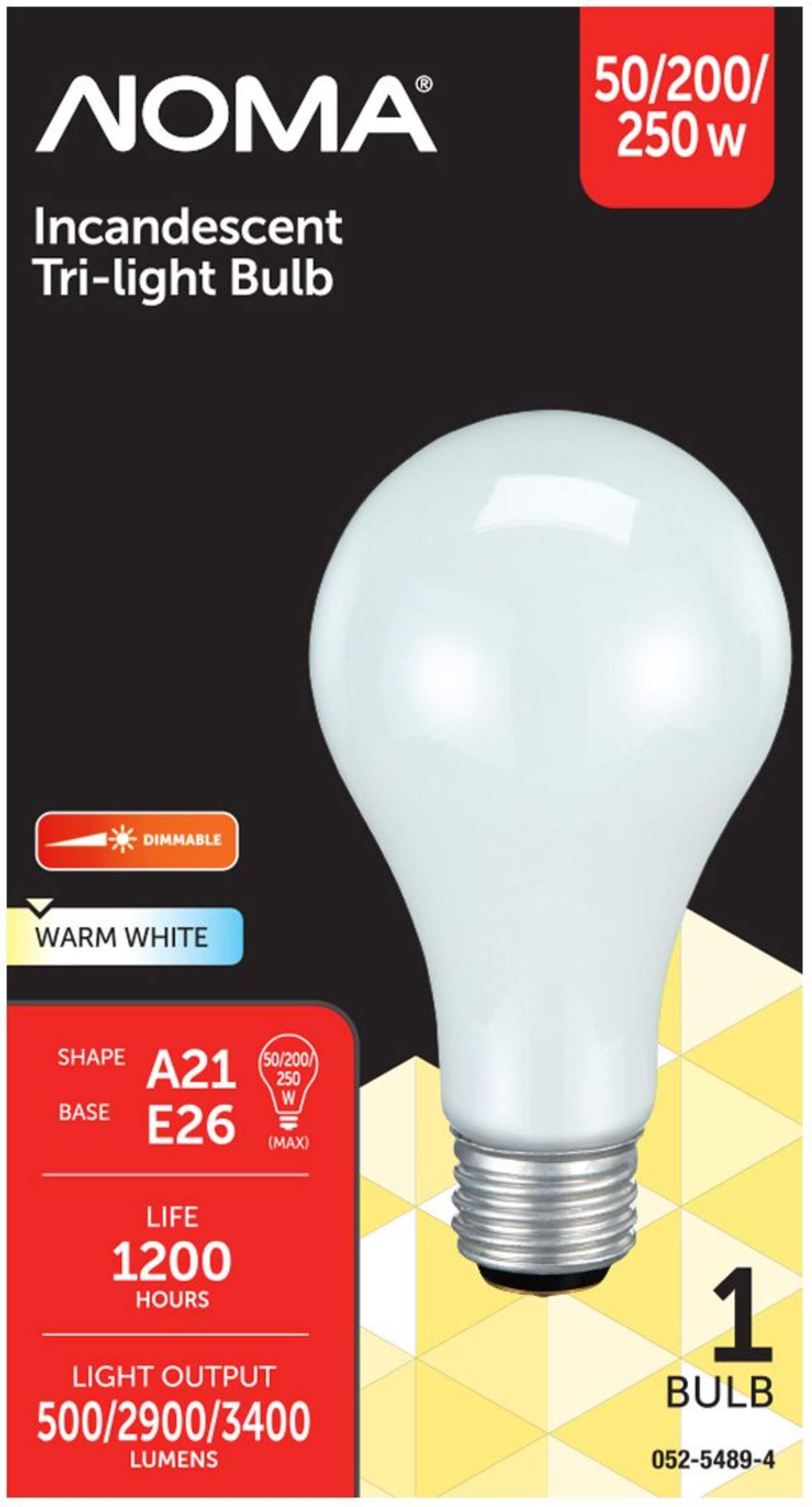 NOMA A21 E26 Base 3-Way Trilight Dimmable Incandescent Light Bulb, Warm White, 50/200/250W Front_Flat