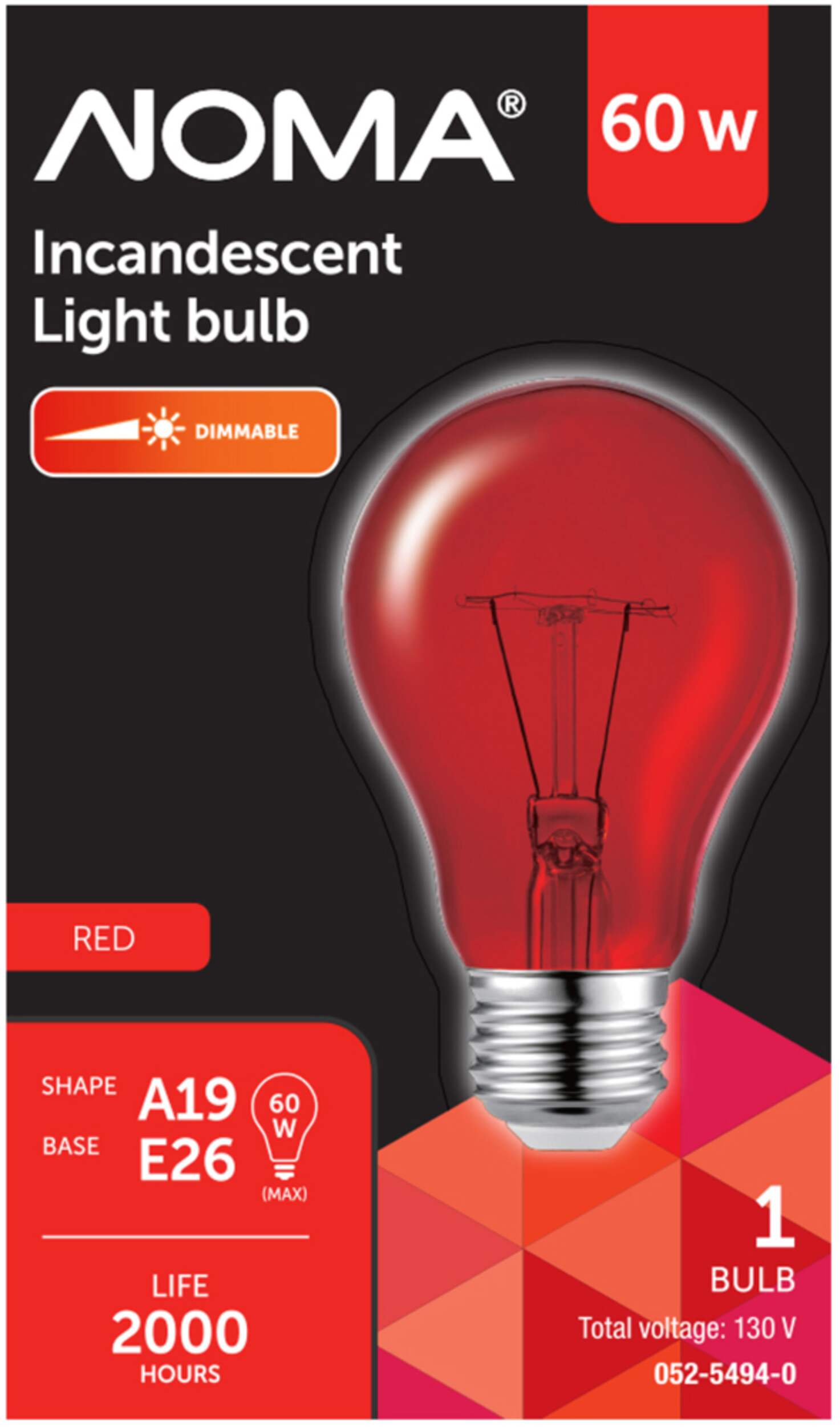 NOMA A19 E26 Base Dimmable Incandescent Light Bulb, Transparent Red, 60W Front_Flat