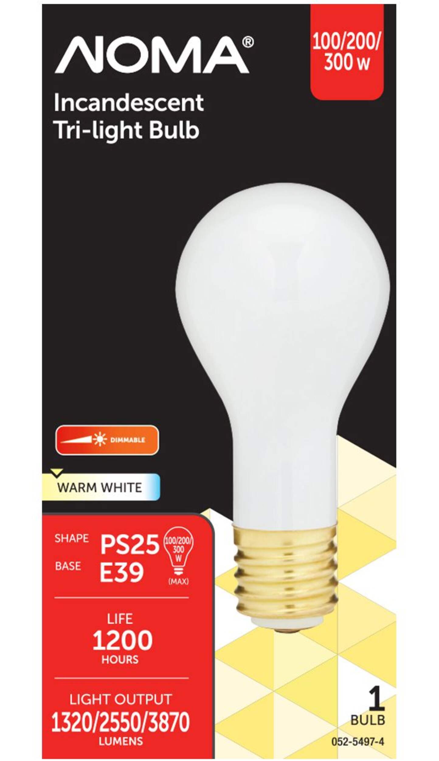 NOMA PS25 E39 Base 3-Way Trilight Dimmable Incandescent Light Bulb, Warm White, 100/200/300W Front_Flat