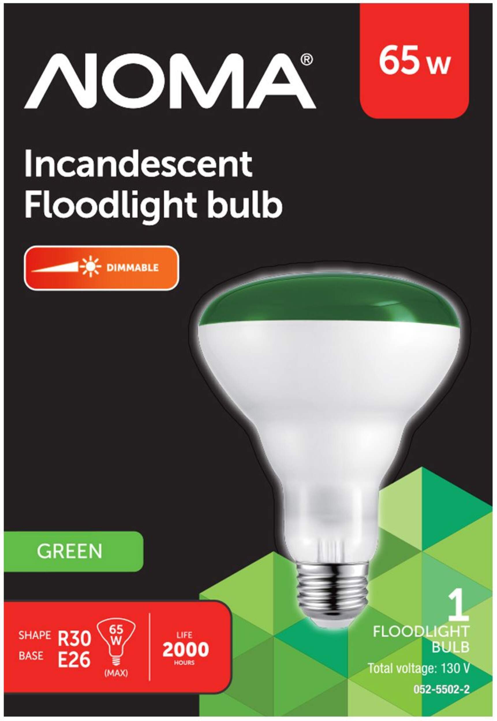 NOMA R30 E26 Base Dimmable Incandescent Flood Light Bulb, Green, 65W Front_Flat