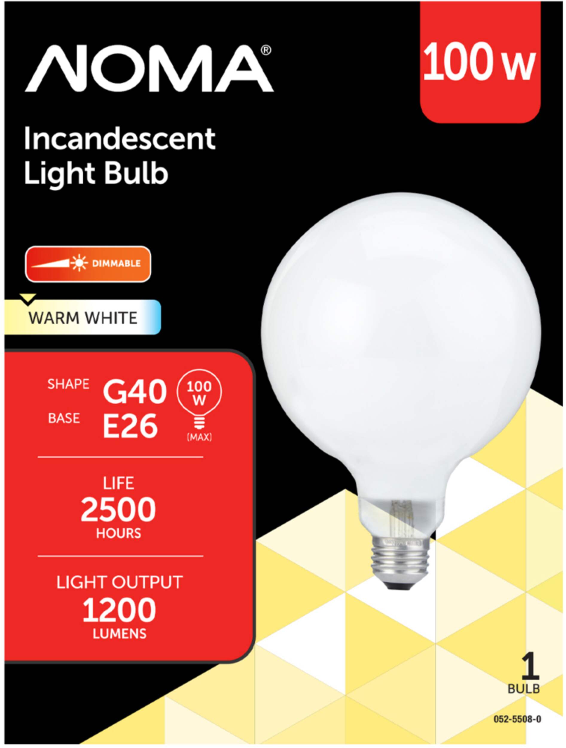 NOMA G40 E26 Base Vanity Dimmable Incandescent Light Bulb, 1200 Lumens, Warm White, 100W Front_Flat
