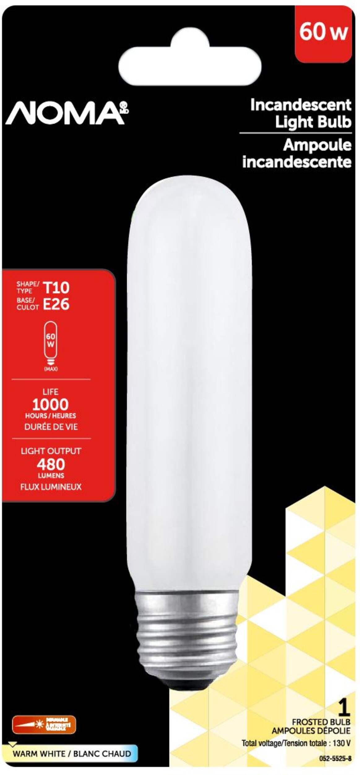 NOMA T10 E26 Base Frosted Dimmable Incandescent Light Bulb, 480 Lumens, Warm White, 60W Front_Flat