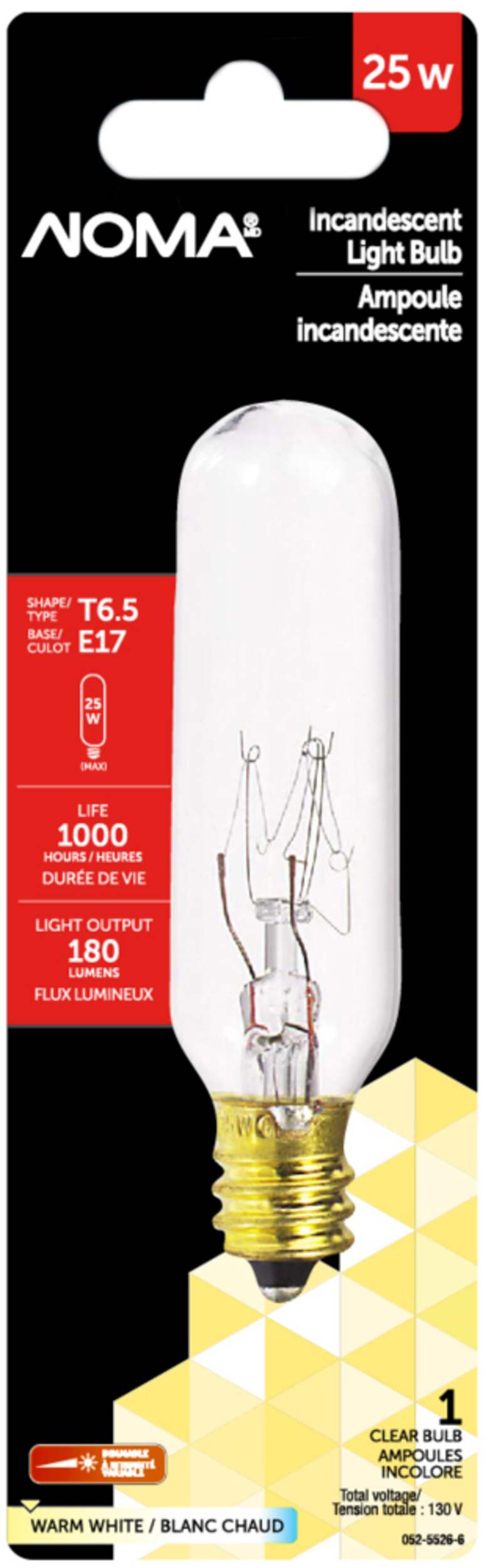 NOMA T6.5 E17 Base Dimmable Incandescent Filament Light Bulb, 180 Lumens, Warm White, 25W Front_Flat