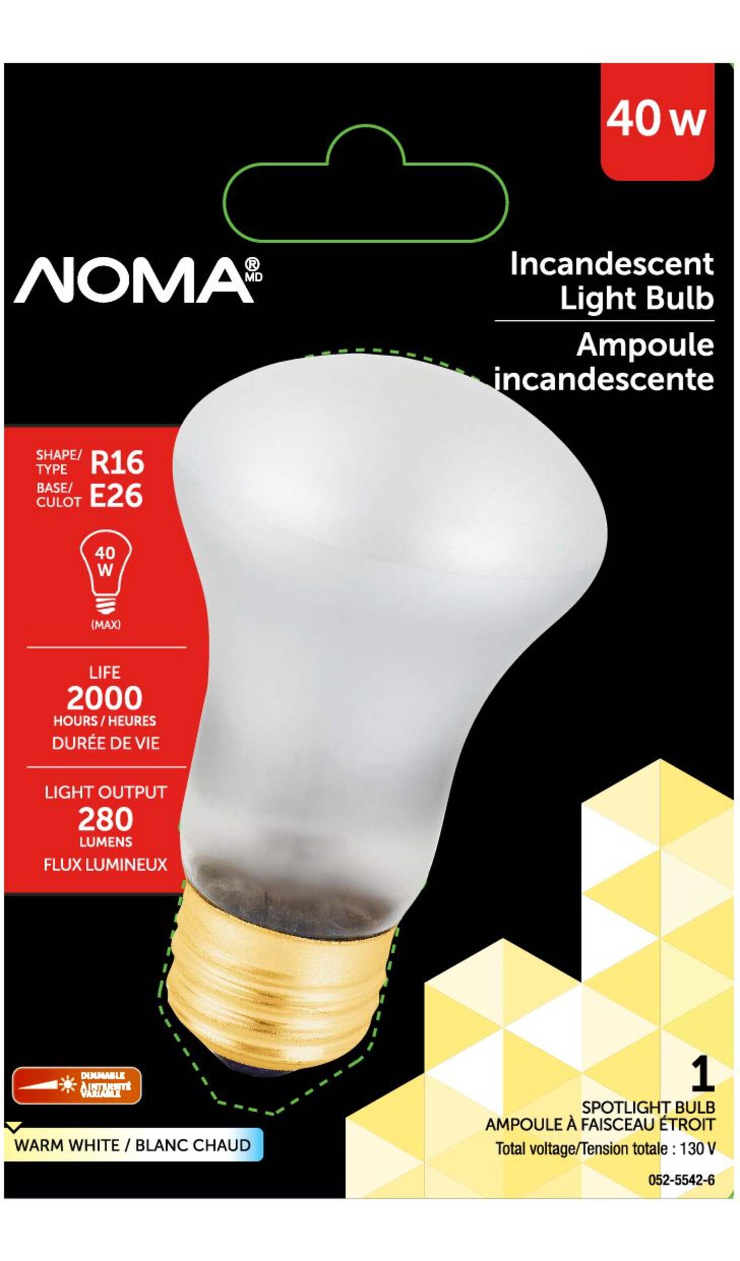 Ampoule pour bureau/projecteur à intensité variable à culot E26 NOMA R16, 2700K, 280 lumens, blanc chaud, 40 W Front_Flat