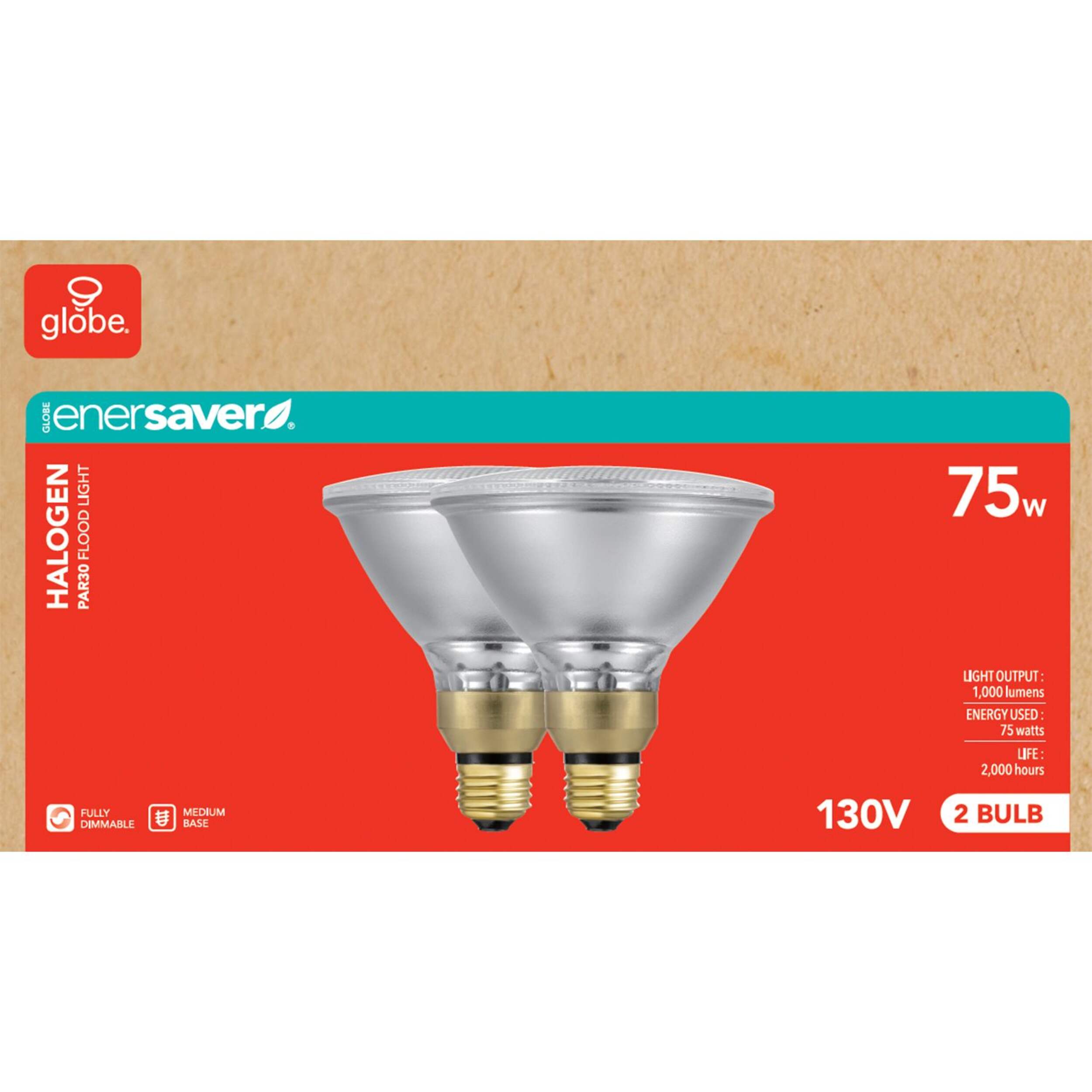 Globe PAR30 Medium Base Dimmable Halogen Flood Light Bulbs, 2700K, 1000 Lumens, 75W, Soft White, 2-pk Front_Flat