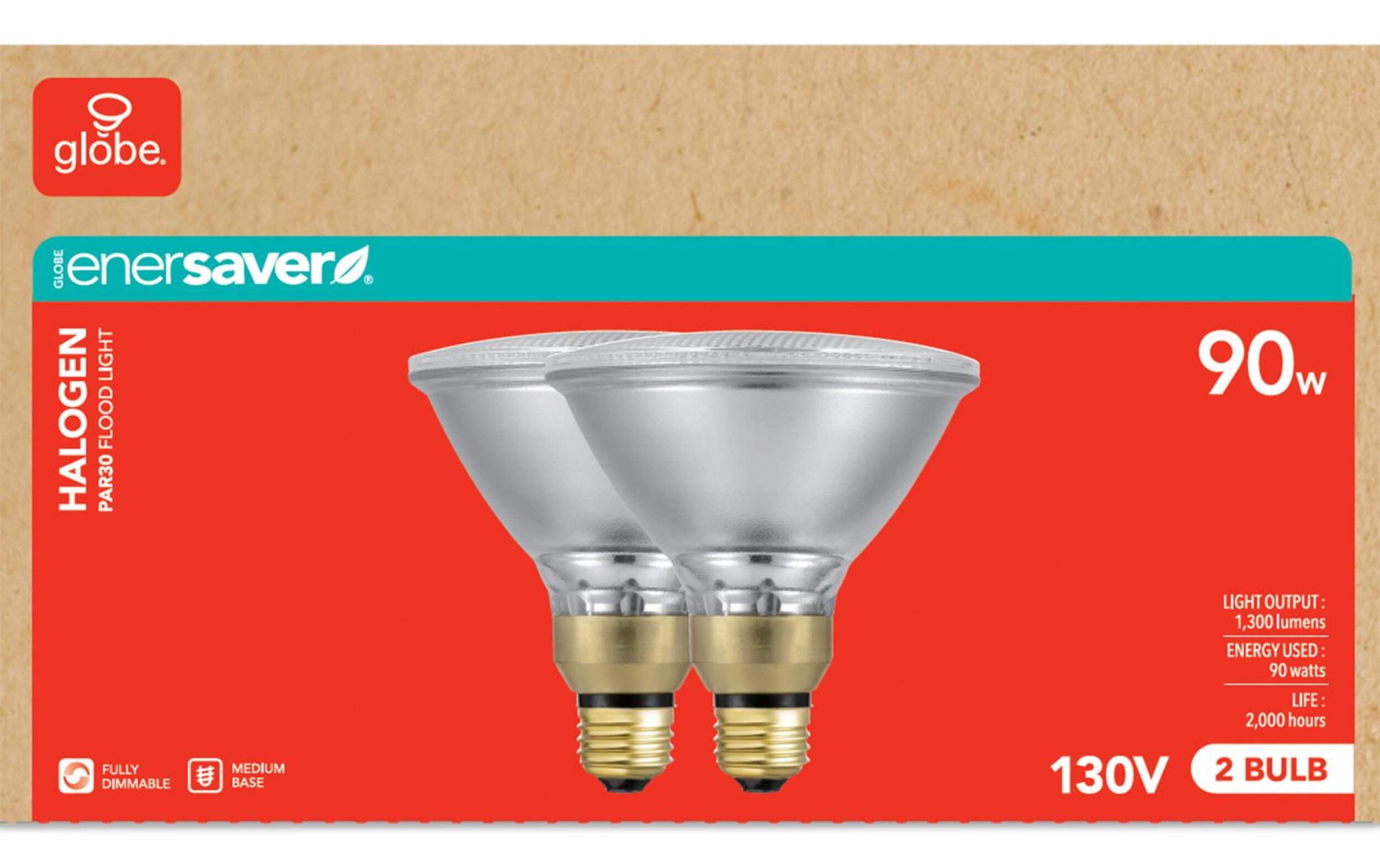 Globe PAR30 Medium Base Dimmable Halogen Flood Light Bulbs, 2700K, 1300 Lumens, Soft White, 90W, 2-pk Front_Flat