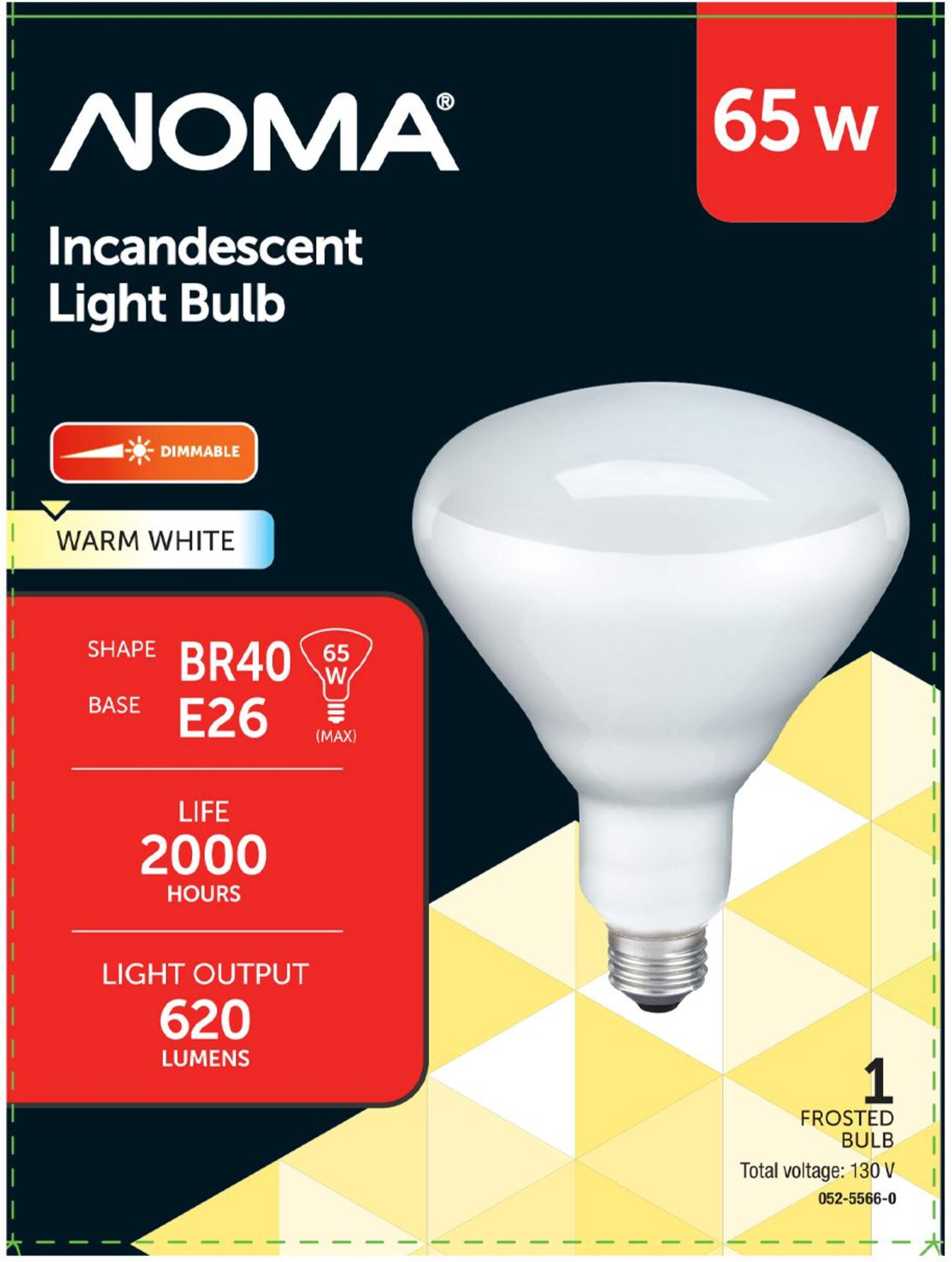 NOMA BR40 E26 Base Indoor Frosted Dimmable Light Bulb, 2600K, 620 Lumens, Warm White, 65W Front_Flat