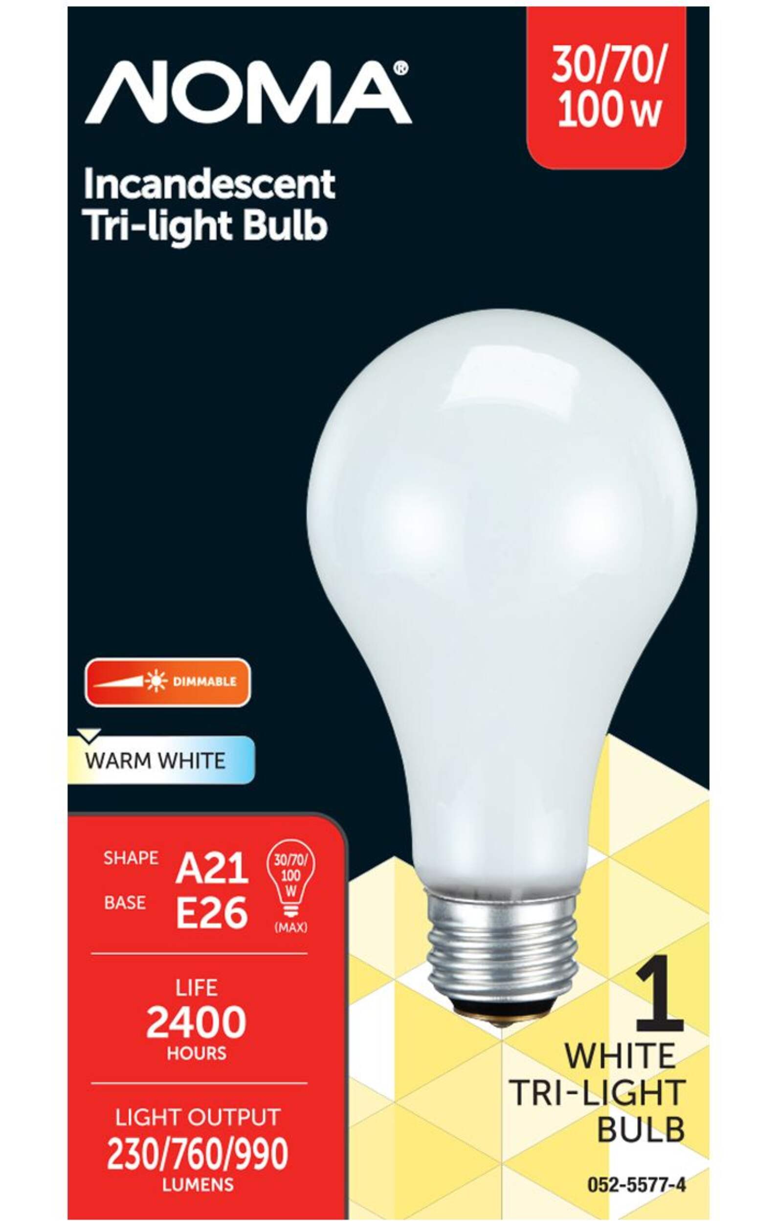 NOMA A21 E26 Base 3-Way Trilight Dimmable Incandescent Light Bulb, Warm White, 30/70/100W Front_Flat