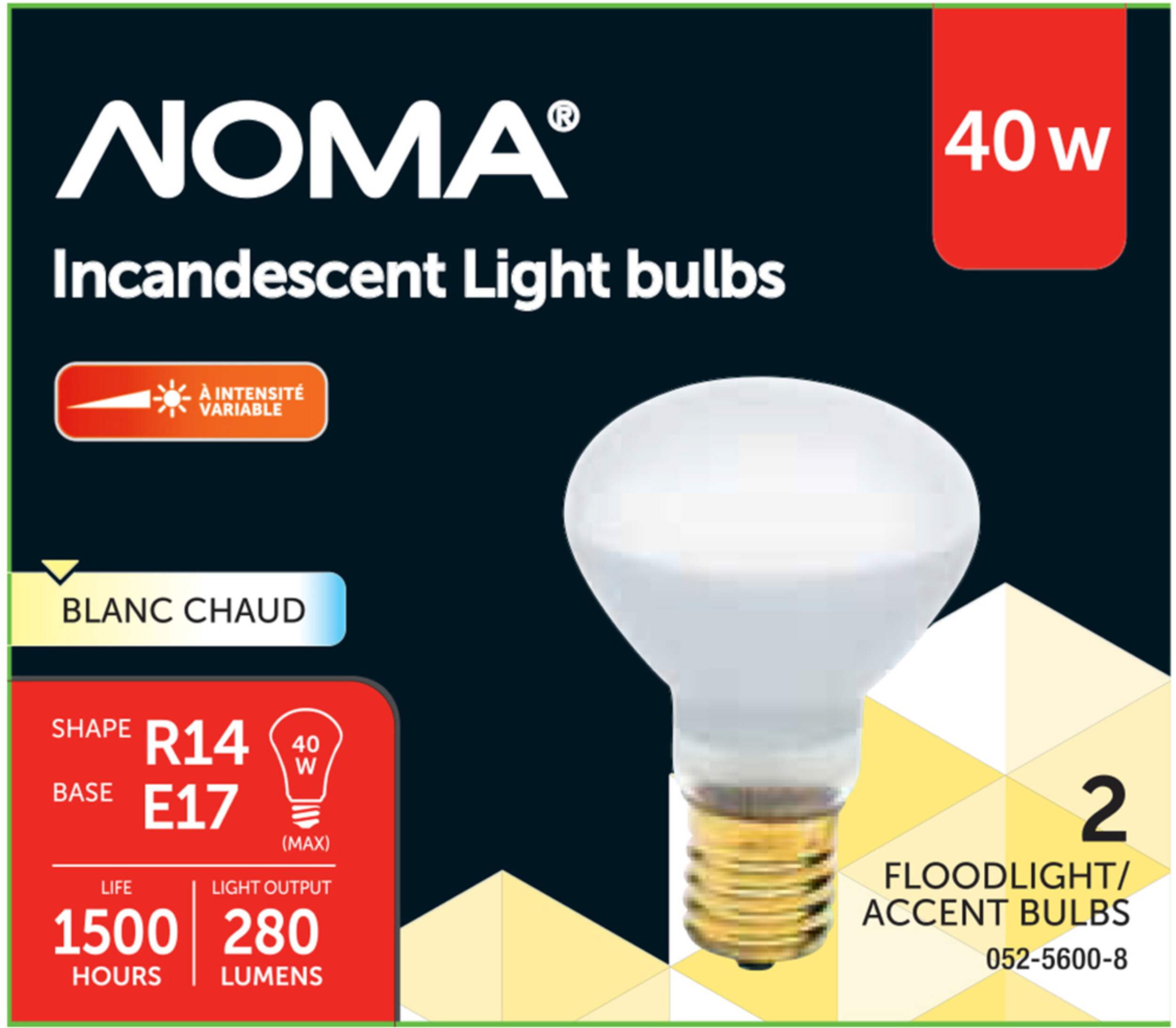 NOMA R14 E17 Base Dimmable Flood Light Bulbs, 2700K, 280 Lumens, Warm White, 40W 2-pk Front_Flat