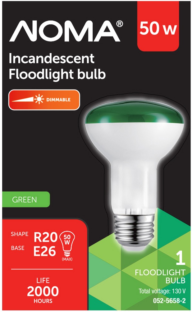 NOMA R20 E26 Base Dimmable Incandescent Flood Light Bulb, Green, 50W