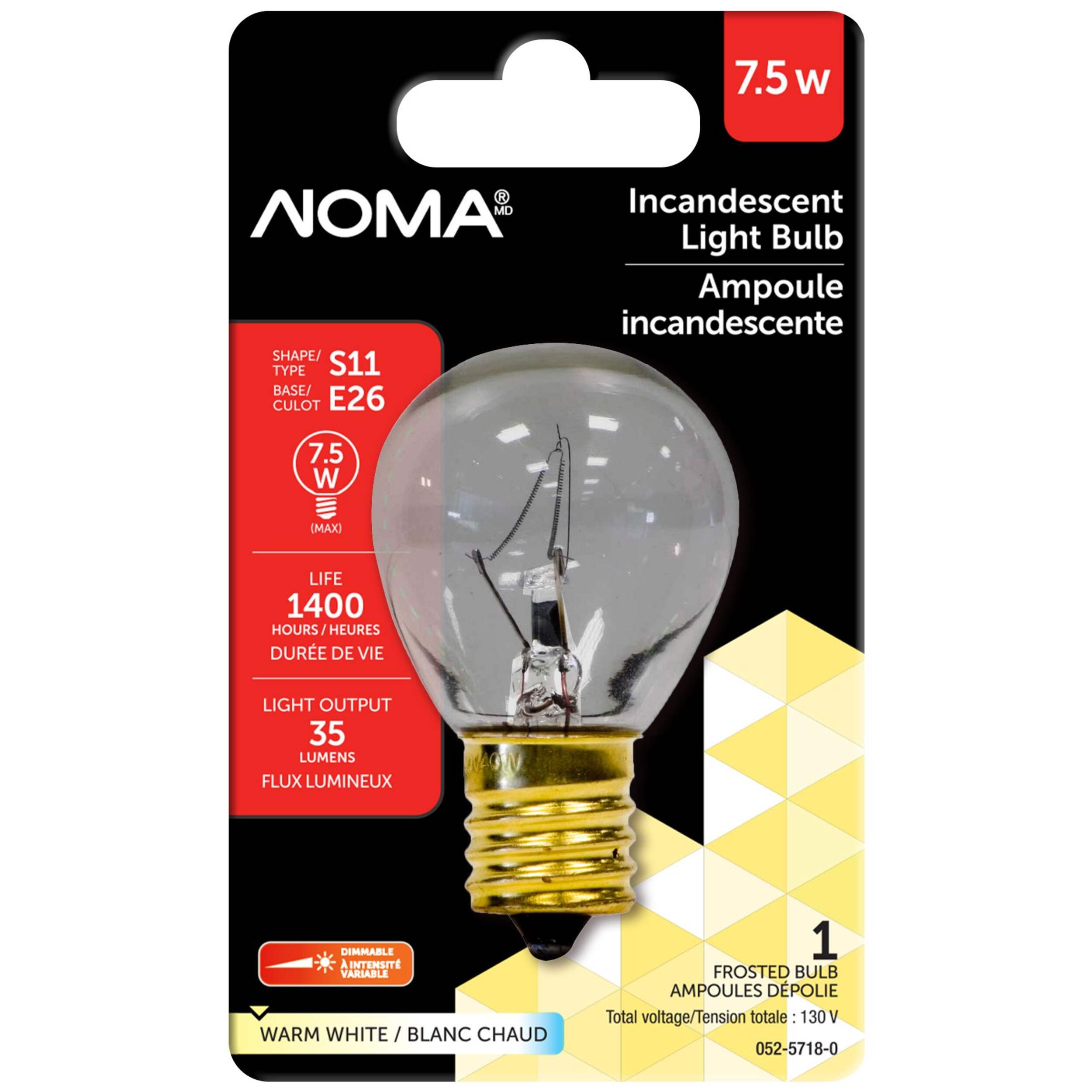NOMA S11 E26 Base Frosted Dimmable Incandescent Light Bulb, 35 Lumens, Warm White, 7.5W Front_Flat