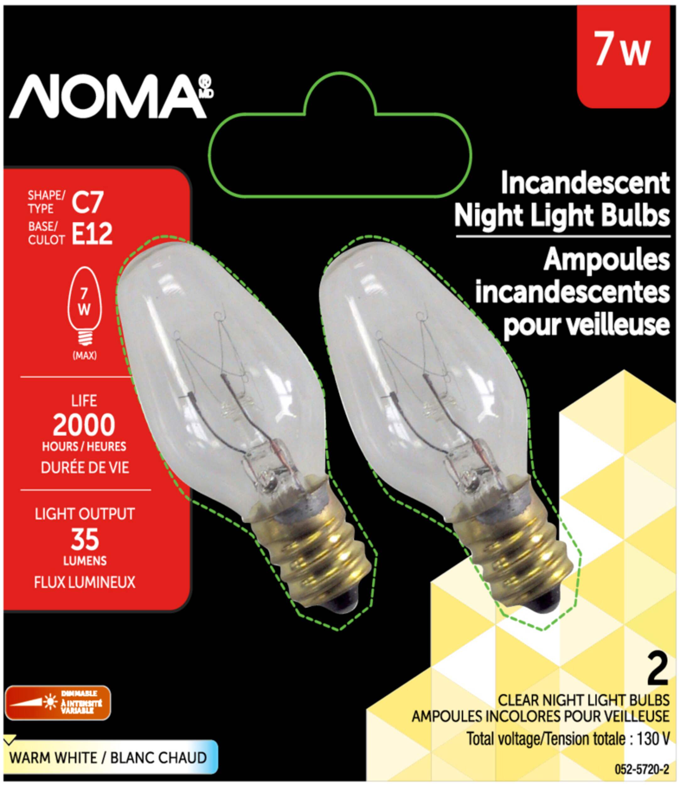 NOMA C7 E12 Base, Dimmable Incandescent Light Bulbs, 35 Lumens, Warm White, 7W, 2-pk Front_Flat