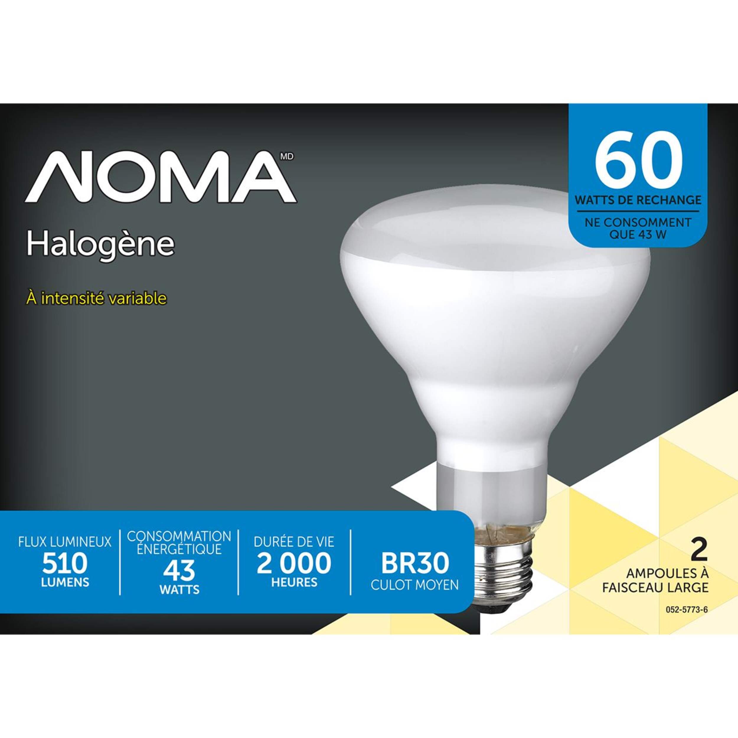 NOMA BR30 E26 Base Dimmable Halogen Flood Light Bulbs, 2700K, 610 Lumens, Soft White, 65W, 2-pk Front_Flat