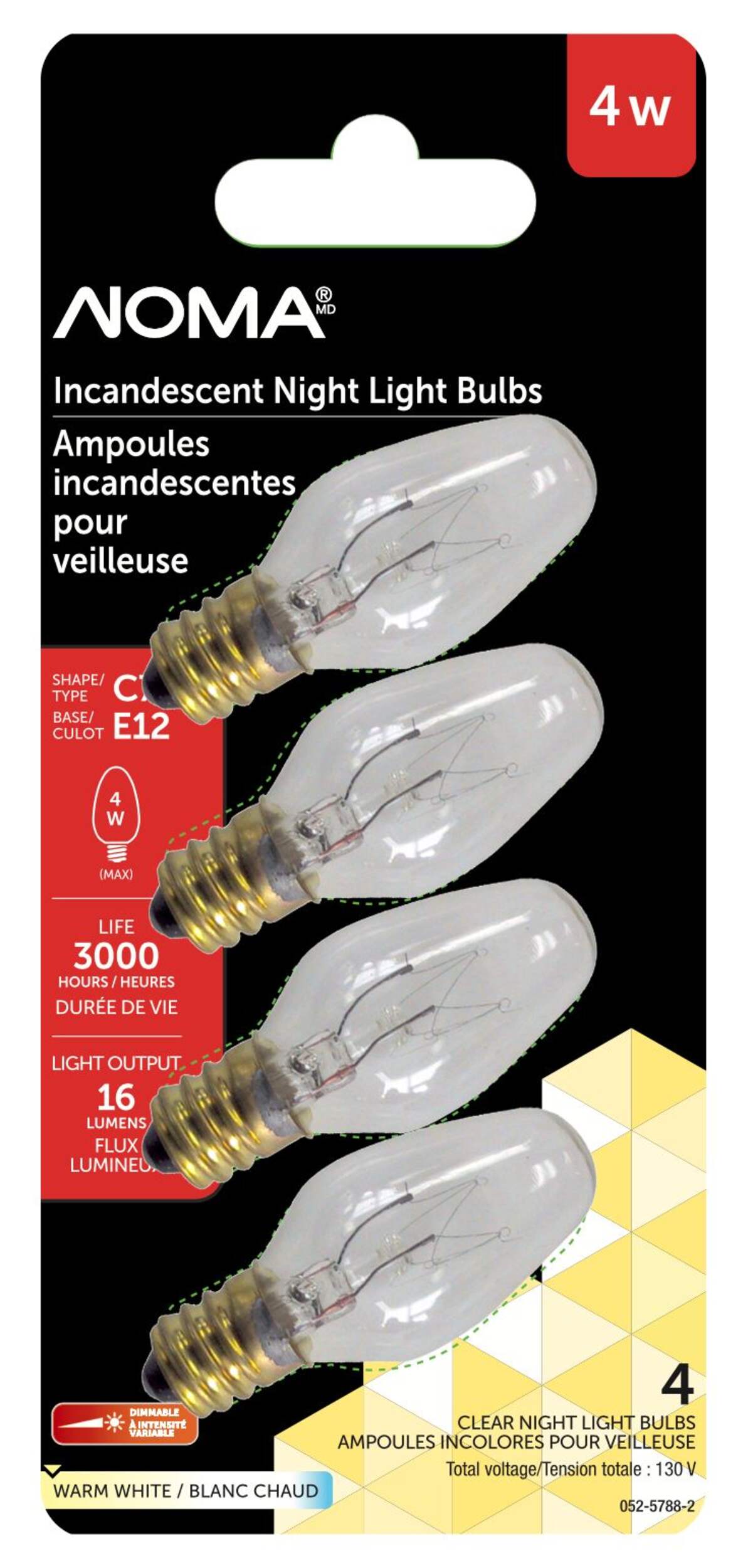 NOMA C7 E12 Base, Dimmable Incandescent Light Bulbs, 16 Lumens, Warm White, 4W, 4-pk Front_Flat