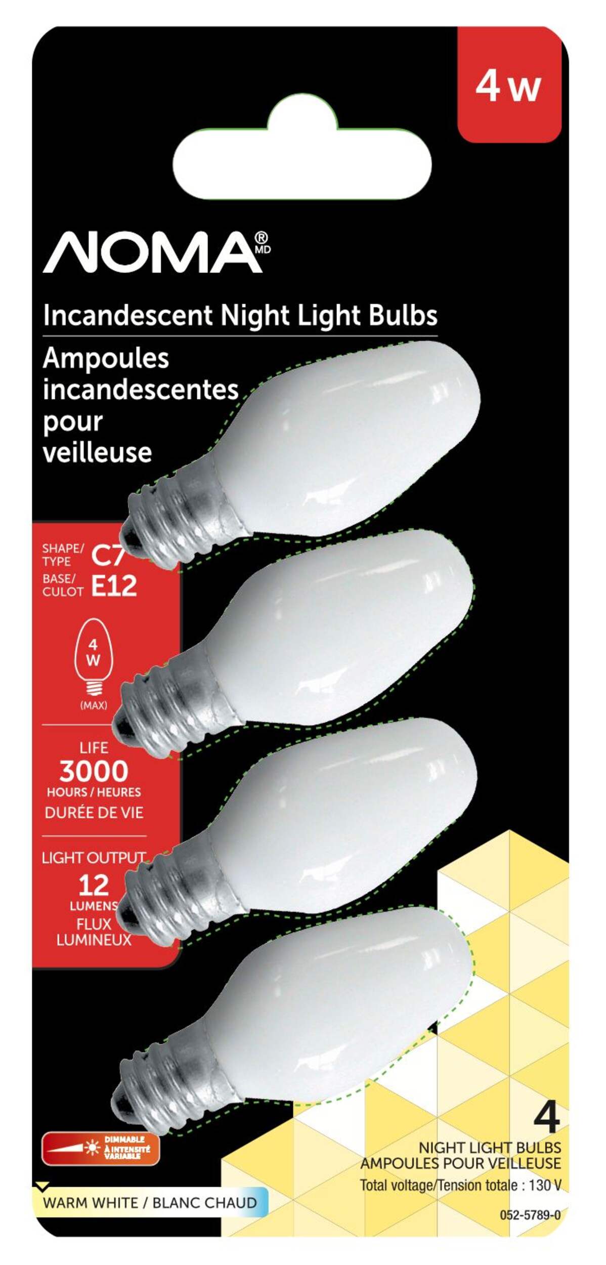 NOMA C7 E12 Base Night Dimmable Incandescent Light Bulbs, 12 Lumens, Warm White, 4W, 4-pk Front_Flat