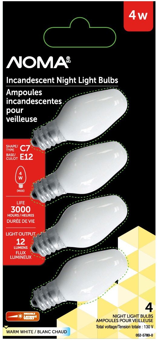 NOMA C7 E12 Base Night Dimmable Incandescent Light Bulbs, 12 Lumens, Warm White, 4W, 4pk