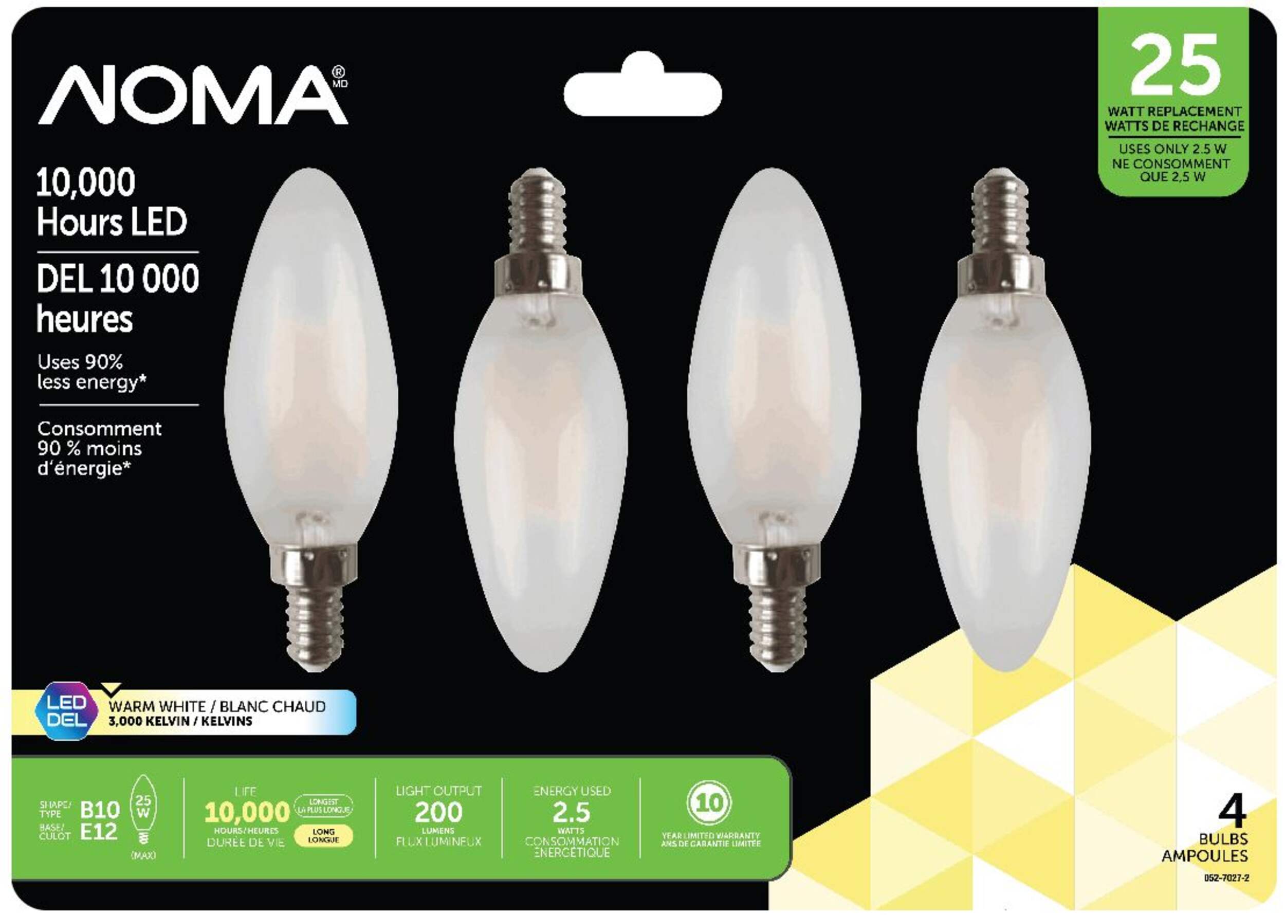 NOMA B10 E12 Base Non-Dimmable LED Light Bulbs, 3000K, 200 Lumens, Warm White, 25W, 4-pk Front_Flat