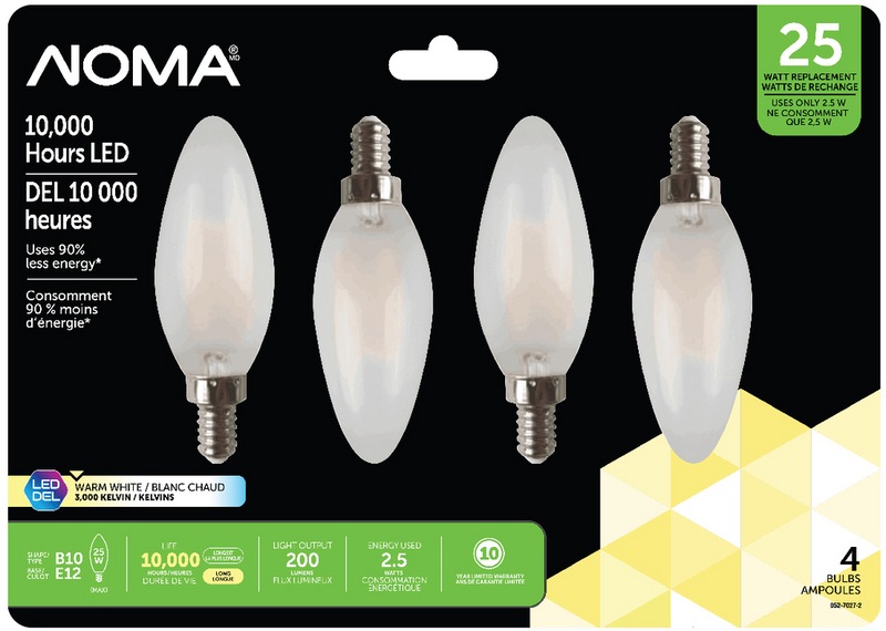 NOMA B10 E12 Base NonDimmable LED Light Bulbs, 3000K, 200 Lumens, Warm White, 25W, 4pk