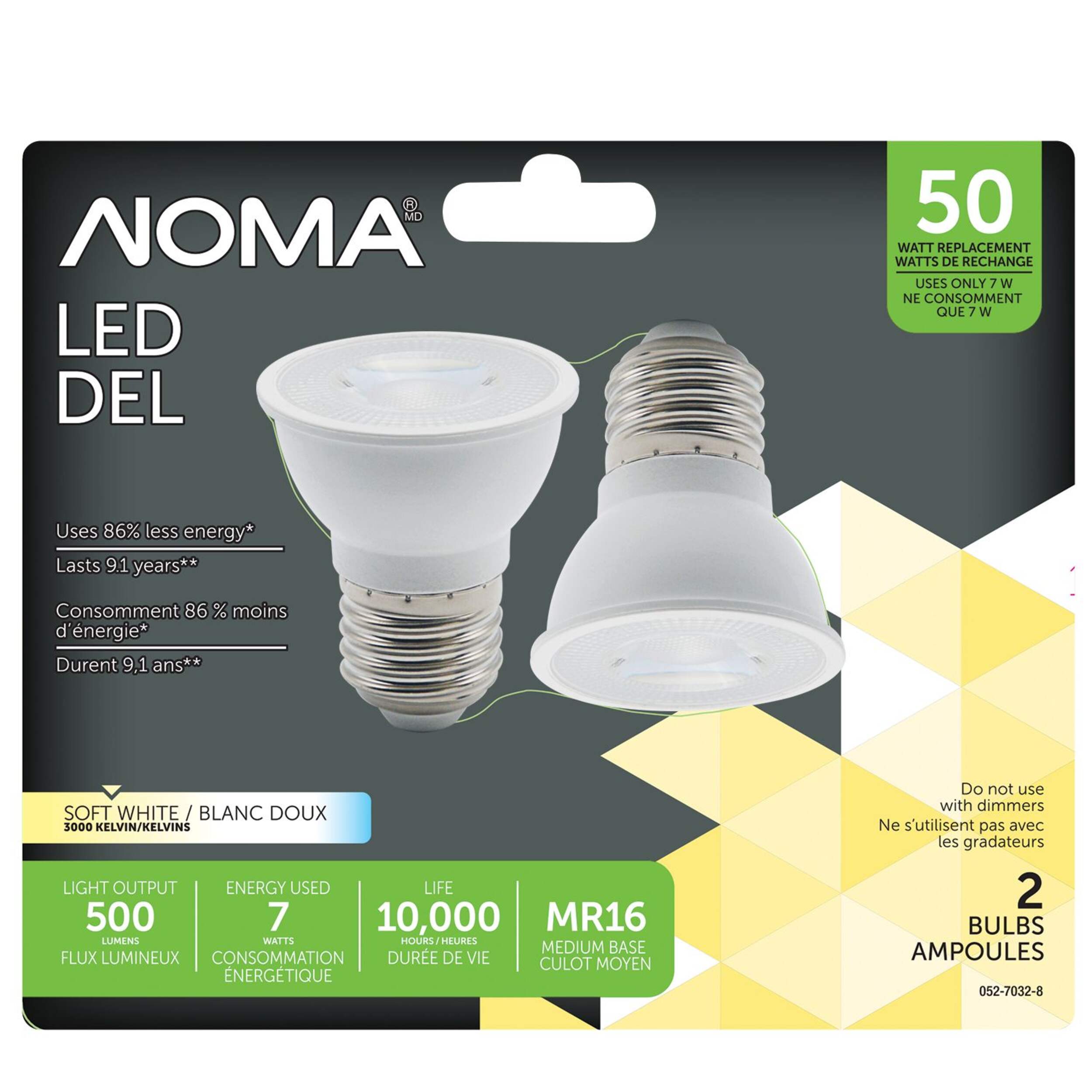 Ampoules pour projecteur à DEL à culot E26 non variable NOMA MR16, 3000K, 500 lumens, blanc doux, 50 W, paq. 2 Front_Flat