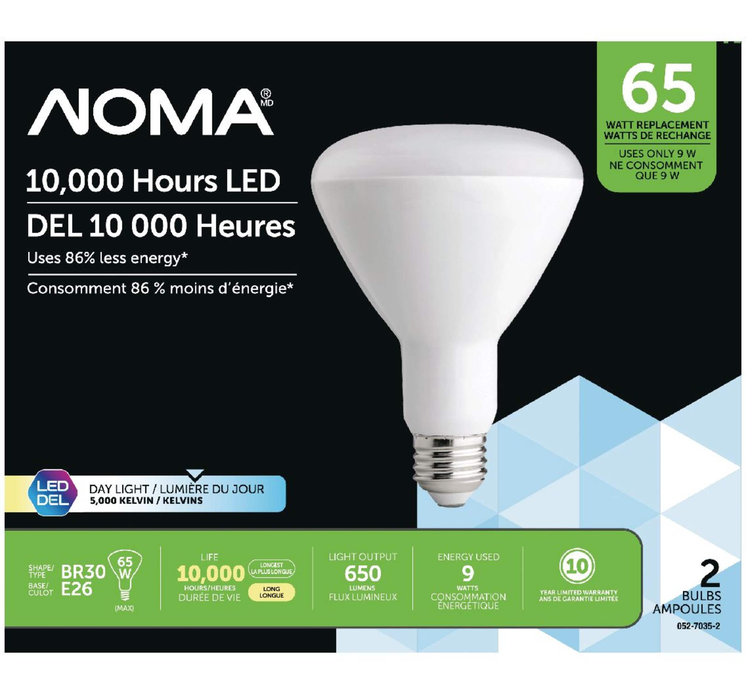 NOMA BR30 E26 Base Non-Dimmable LED Flood Light Bulbs, 5000K, 650 Lumens, Daylight, 65W, 2-pk Front_Flat