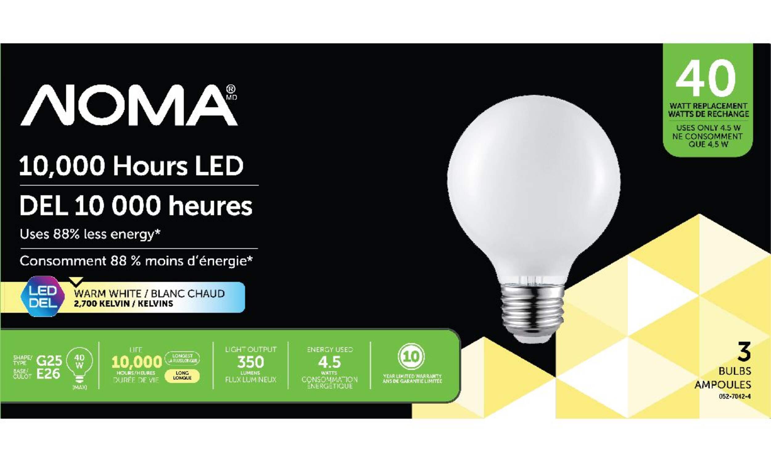 NOMA G25 E26 Base Globe Non-Dimmable LED Light Bulbs, 350 Lumens, Warm White, 40W, 3-pk Front_Flat