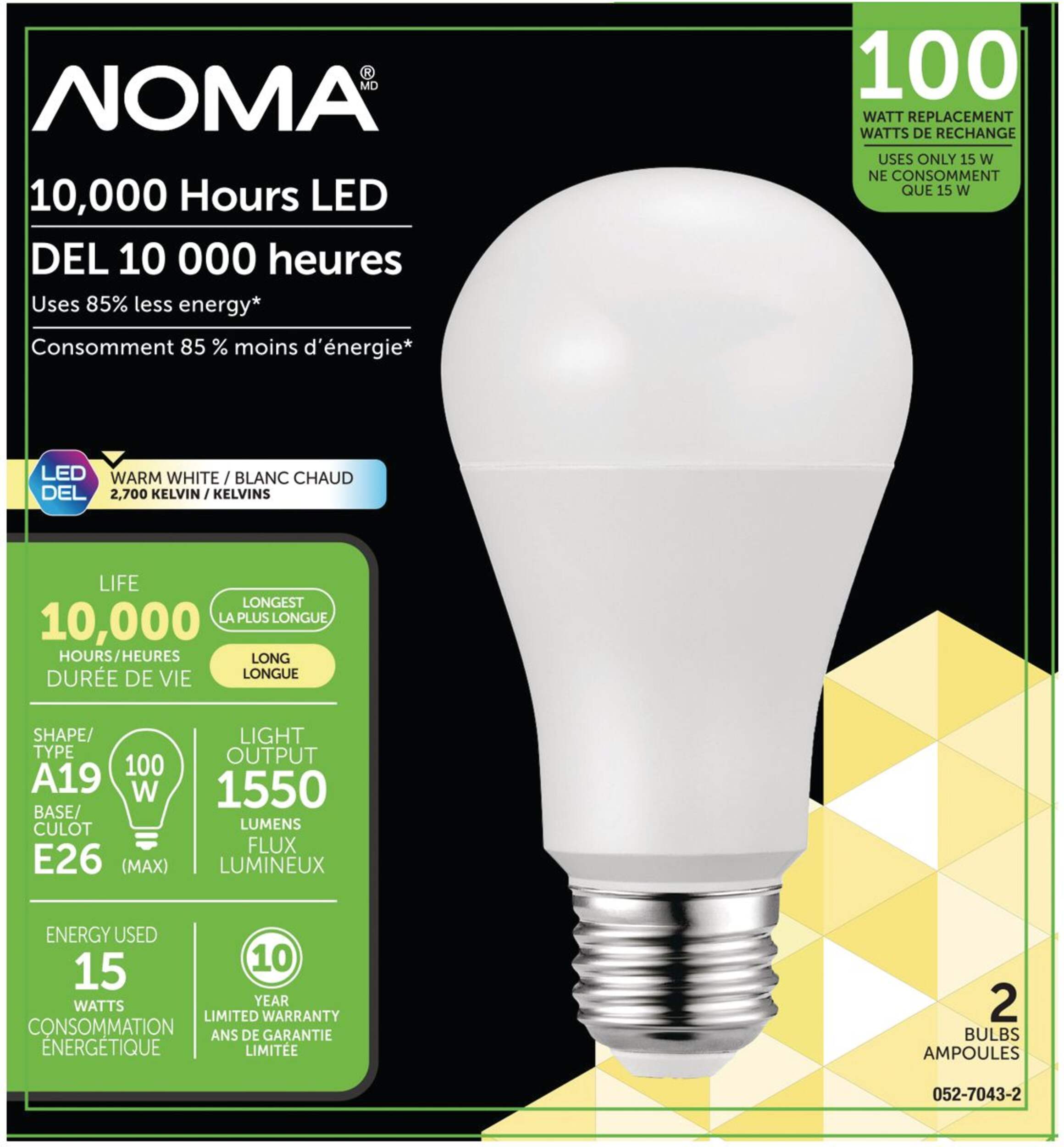 NOMA A19 E26 Base Non-Dimmable LED Light Bulbs, 2700K, 1550 Lumens, Warm White, 100W, 2-pk Front_Flat