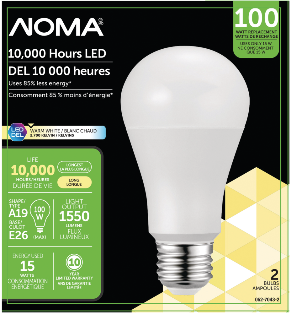 NOMA A19 E26 Base Non-Dimmable LED Light Bulbs, 2700K, 1550 Lumens
