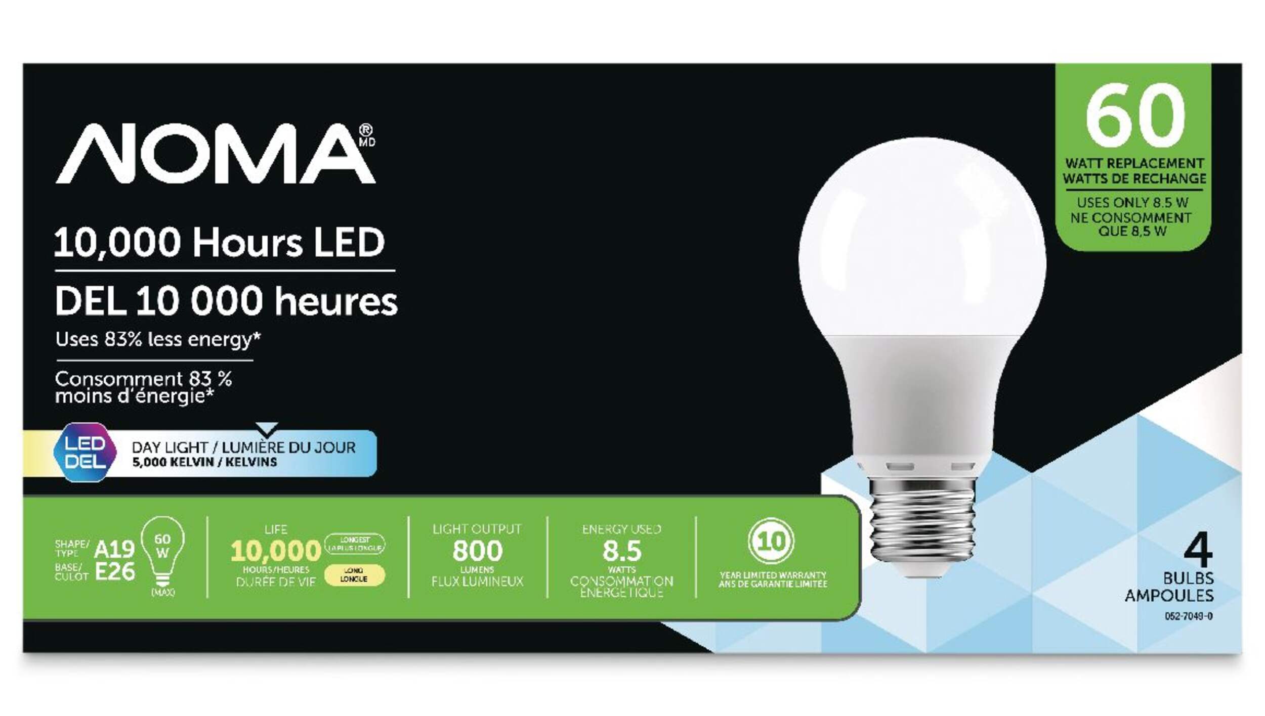 NOMA A19 E26 Base Household Non-Dimmable LED Light Bulbs, 5000K, 800 Lumens, Daylight, 60W, 4-pk Front_Flat