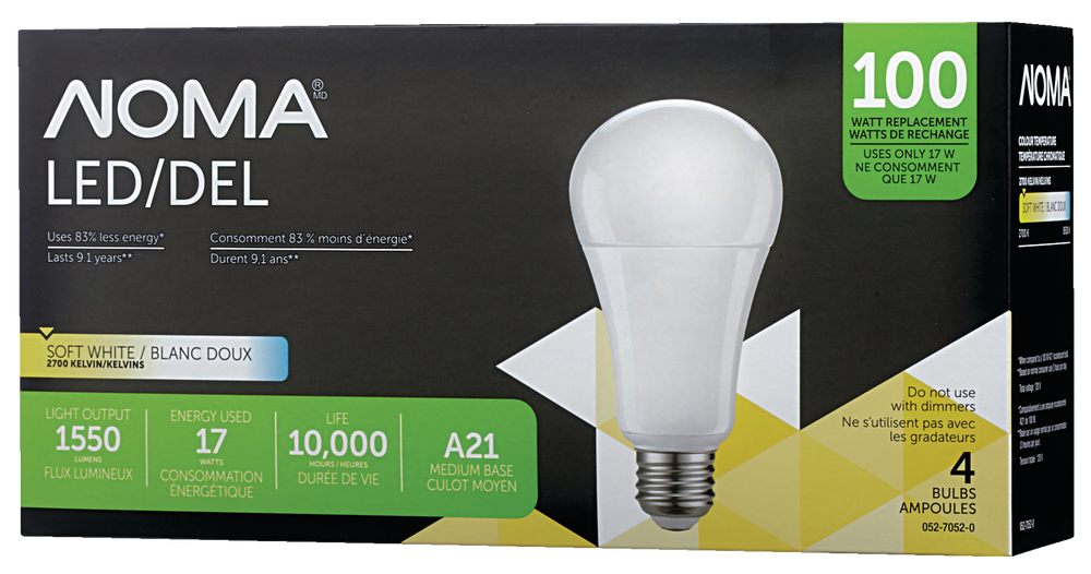 NOMA A19 E26 Base Household NonDimmable LED Light Bulbs, 2700K, 1550 Lumens, Soft White, 100W