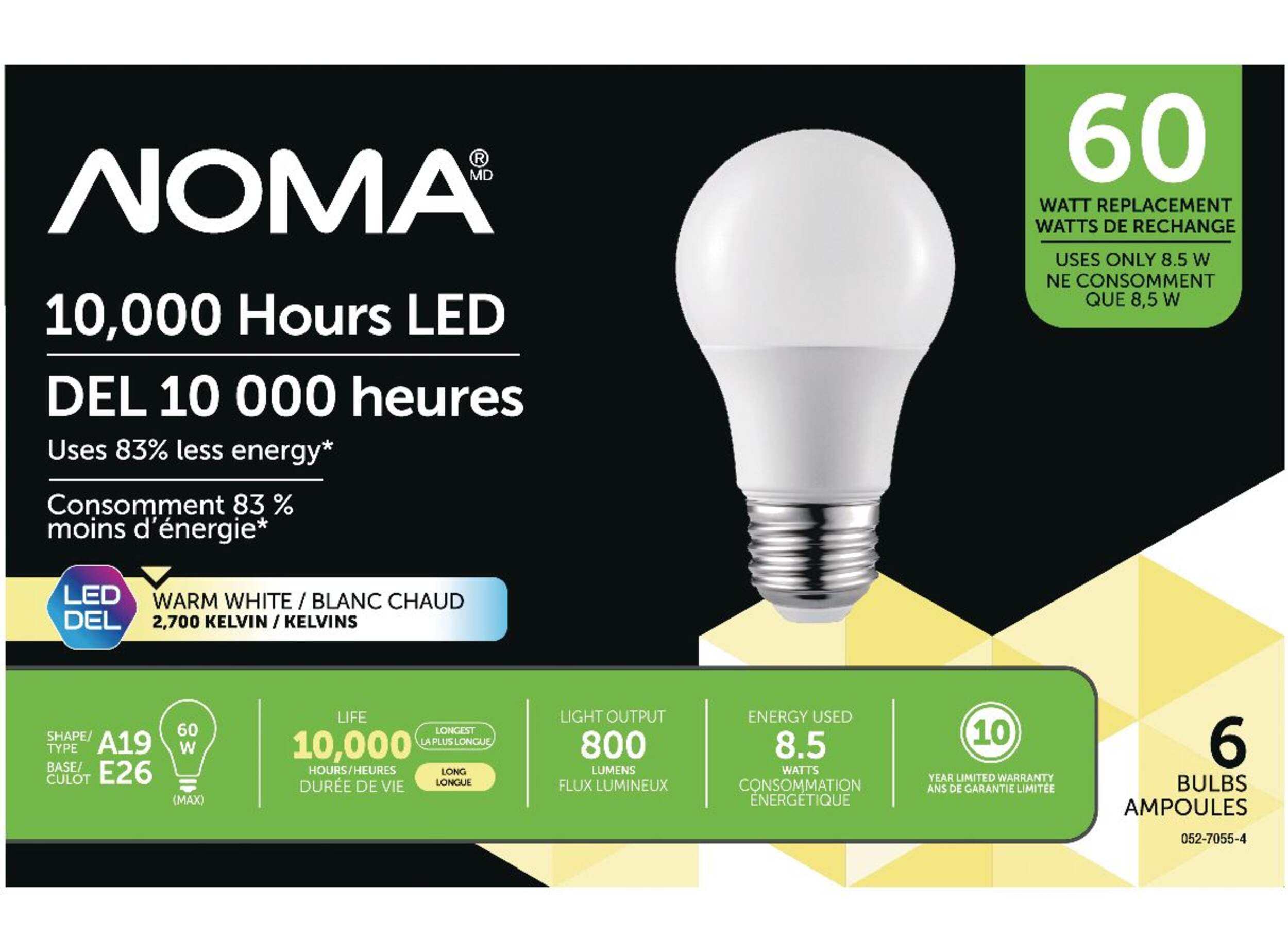 NOMA A19 E26 Base Household Non-Dimmable LED Light Bulbs, 2700K, 800 Lumens, Warm White, 60W, 6-pk Front_Flat