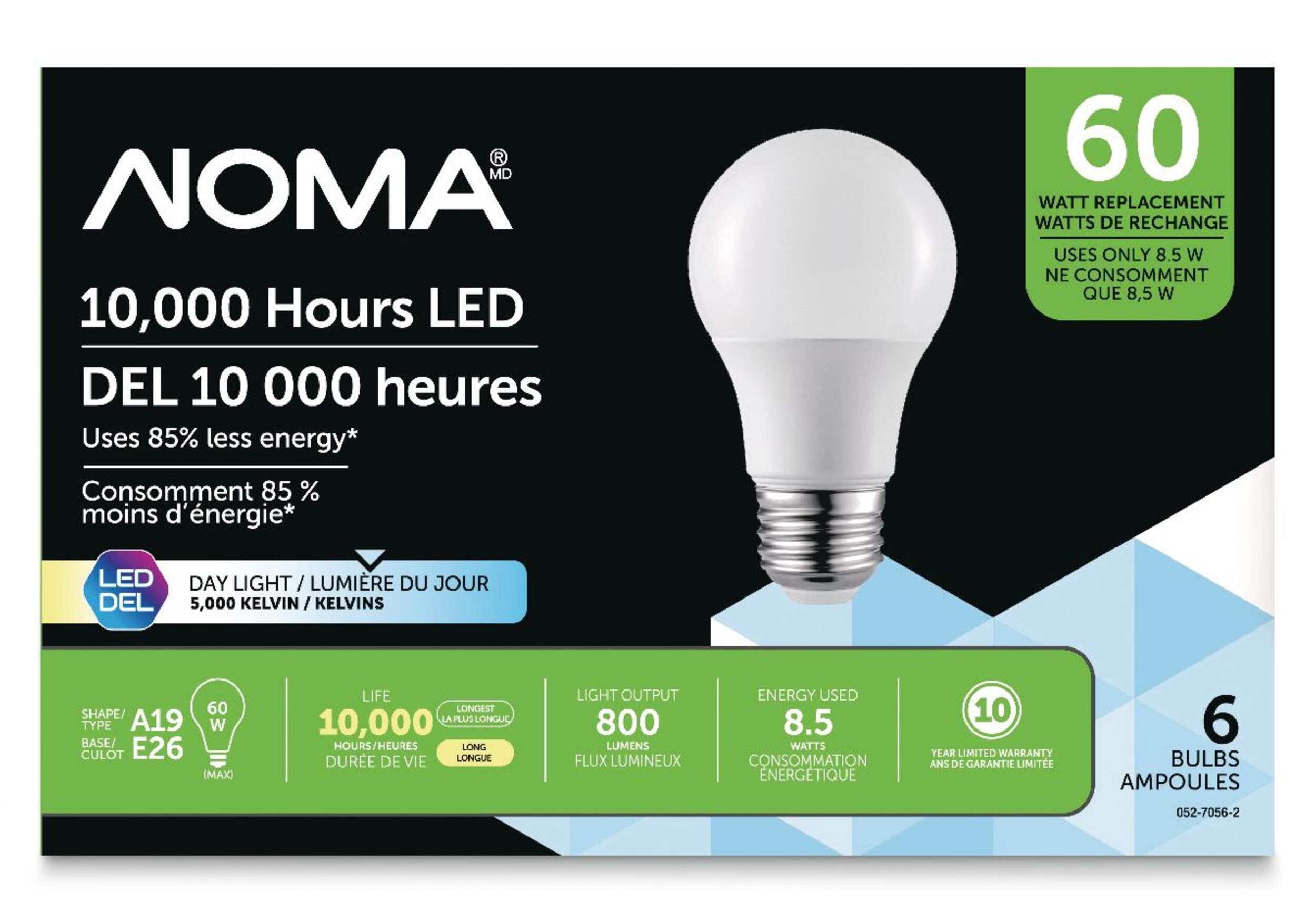 NOMA A19 E26 Base Household Non-Dimmable LED Light Bulbs, 5000K, 800 Lumens, Daylight, 60W, 6-pk Front_Flat