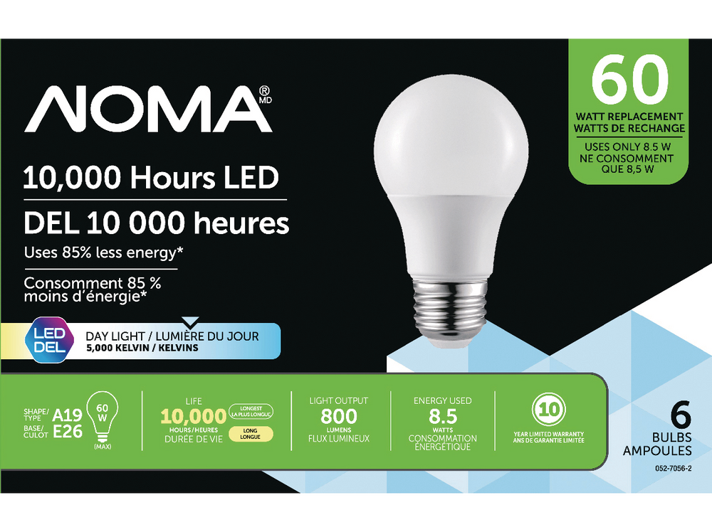 NOMA A19 E26 Base Household NonDimmable LED Light Bulbs, 5000K, 800