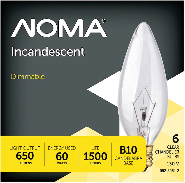 NOMA B10 Chandelier Clear Dimmable Incandescent Light Bulbs, 650 Lumens