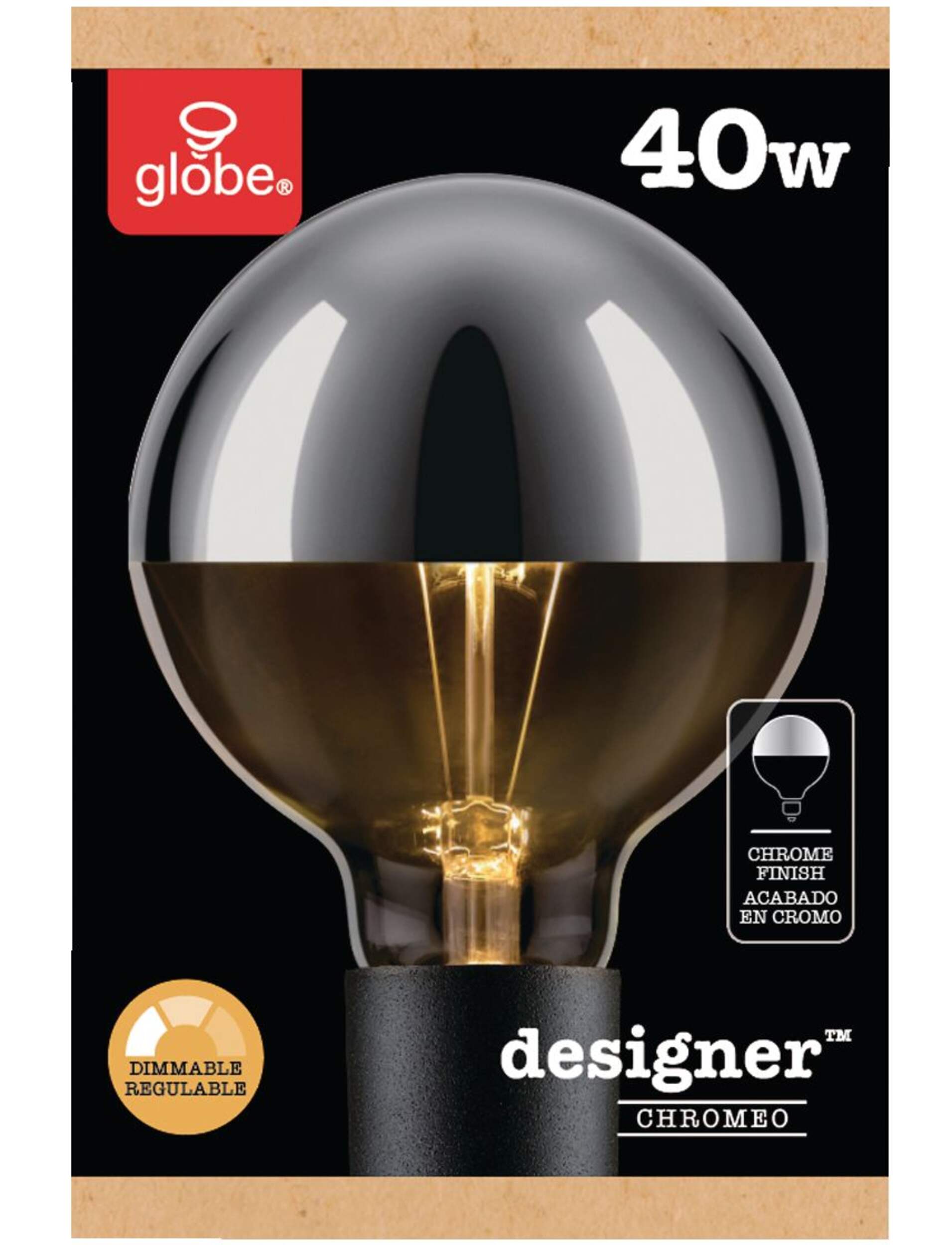 Globe Electric Dimmable Incandescent Light Bulb, 220 Lumens, Soft White, Chrome Finish, 40W Front_Flat