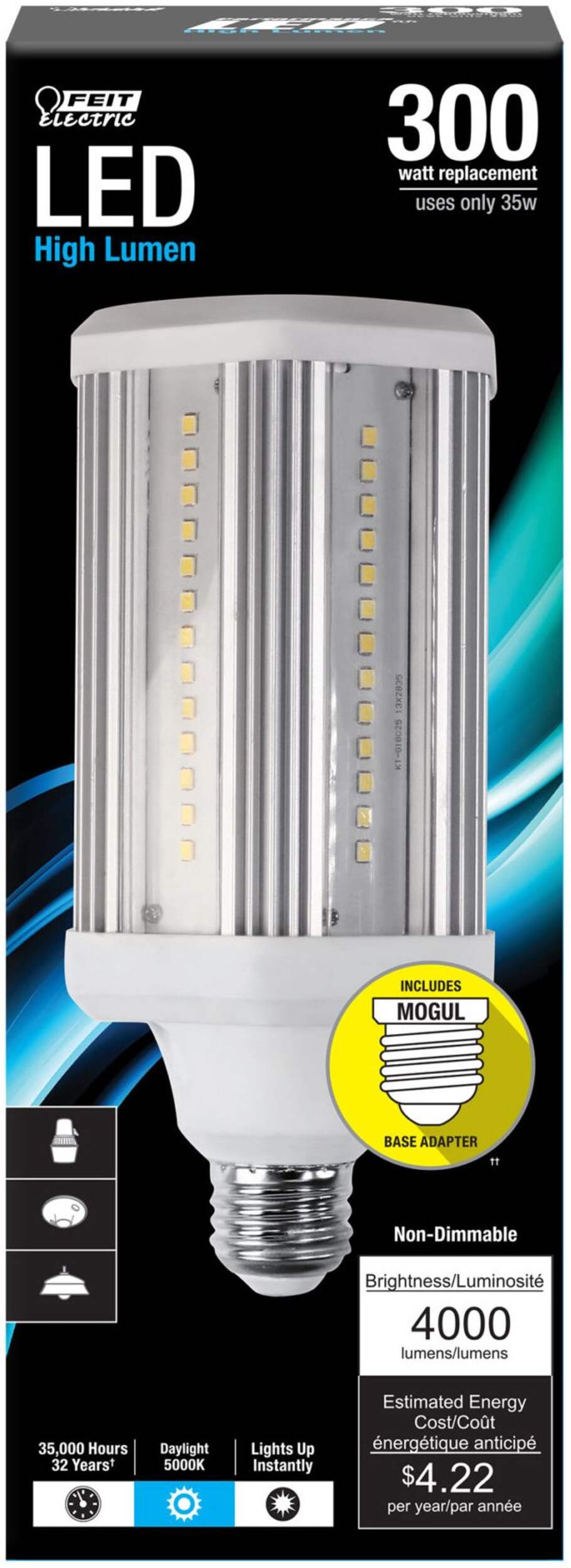 Feit Electric E26 Base Non-Dimmable LED Light Bulb & Base Adapter, 5000K, Daylight, 38W Front_Elevated