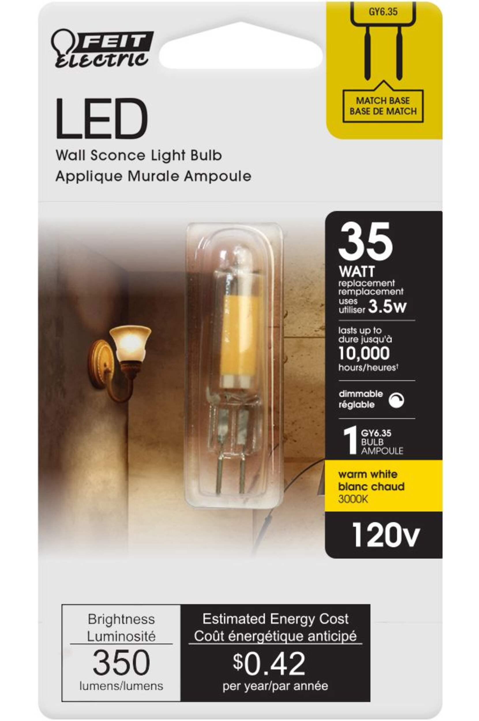 Feit Electric GY6.35 Base Dimmable LED Light Bulb, 3000K, 350 Lumens, Warm White, 35W Front_Flat