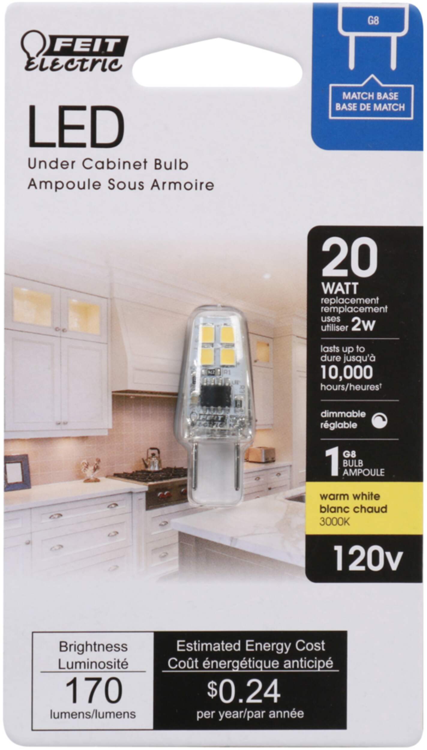 Feit Electric G8 Base Dimmable LED Light Bulb, 3000K, 170 Lumens, Warm White, 20W Front_Flat