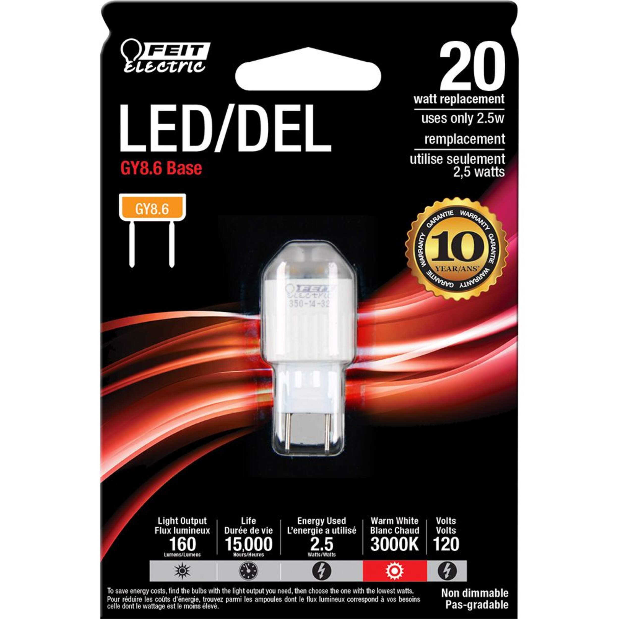 Feit Electric GY8.6 Base Security Non-Dimmable LED Light Bulb, 160 Lumens, Warm White, 20W Front_Flat