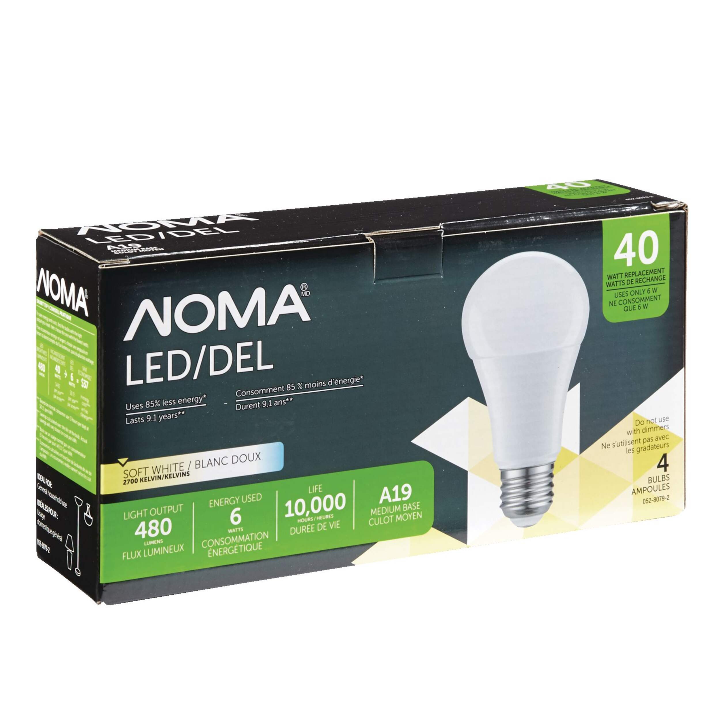 NOMA A19 E26 Base Non-Dimmable LED Light Bulbs, 480 Lumens, Soft White, 40W, 4-pk Back_Angled_Left